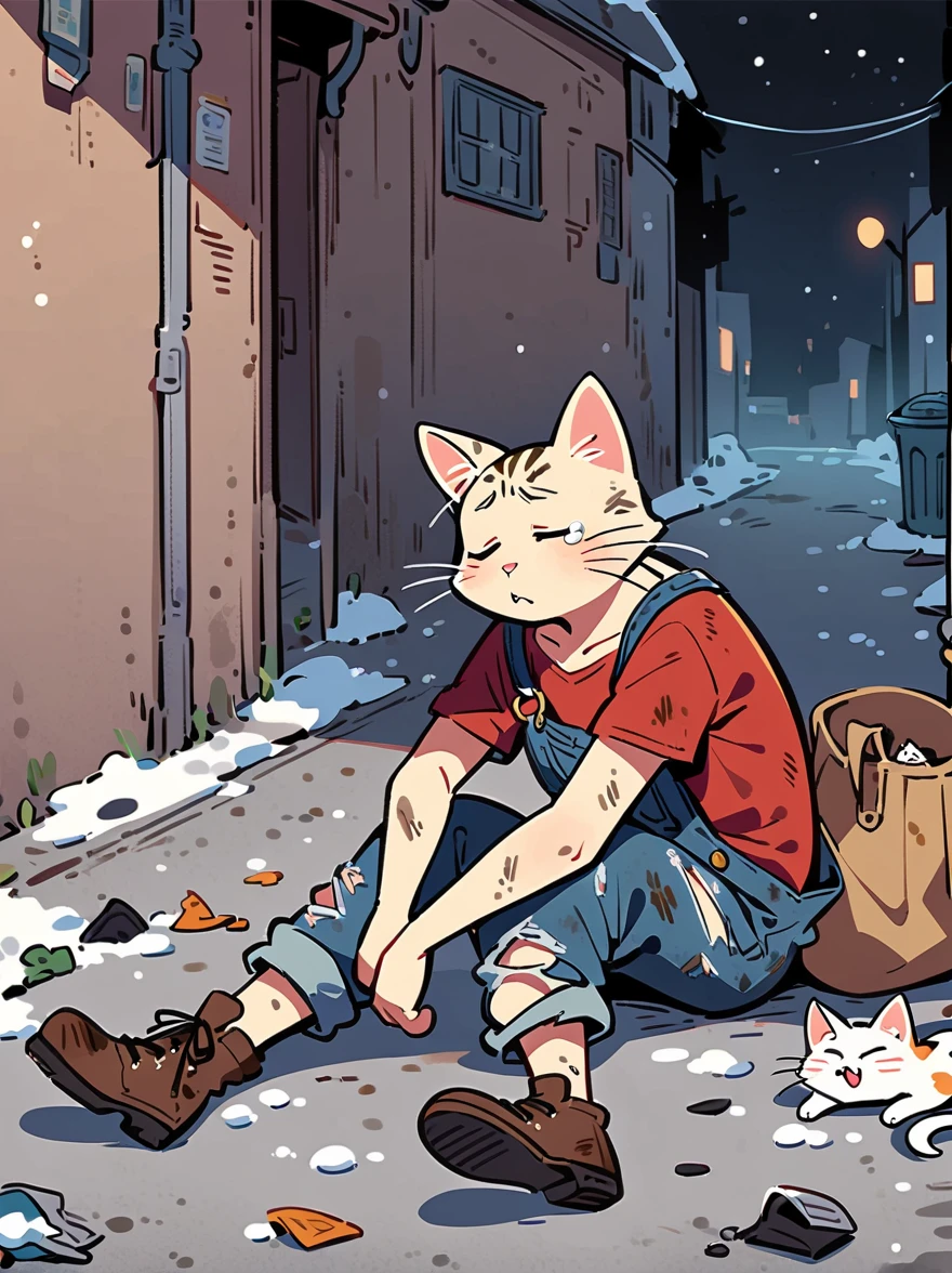 cartoon illustration，simple，rainstorm，Depicting an anthropomorphic cat，solo，Dirty，eyes dull，Listless，Malaise，decadent，crying emoticon，Loose ripped denim ripped overalls overalls，red linen shirt，Tattered leather shoes，There is a big bag next to you，Sitting next to the trash can on a dirty street corner，Many broken wine bottles around，Dirty environment，correct human anatomy