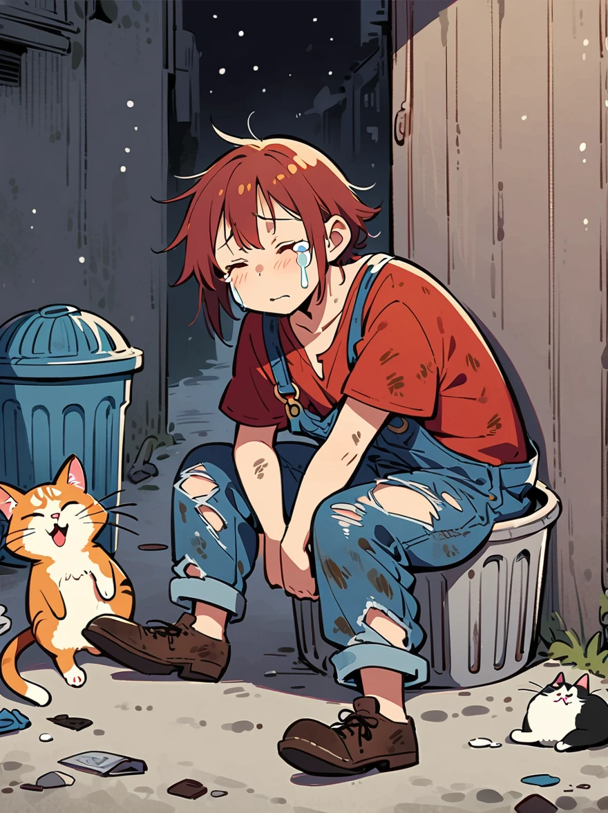 cartoon illustration，simple，rainstorm，Depicting an anthropomorphic cat，solo，Dirty，eyes dull，Listless，Malaise，decadent，crying emoticon，Loose ripped denim ripped overalls overalls，red linen shirt，Tattered leather shoes，There is a big bag next to you，Sitting next to the trash can on a dirty street corner，Many broken wine bottles around，Dirty environment，correct human anatomy