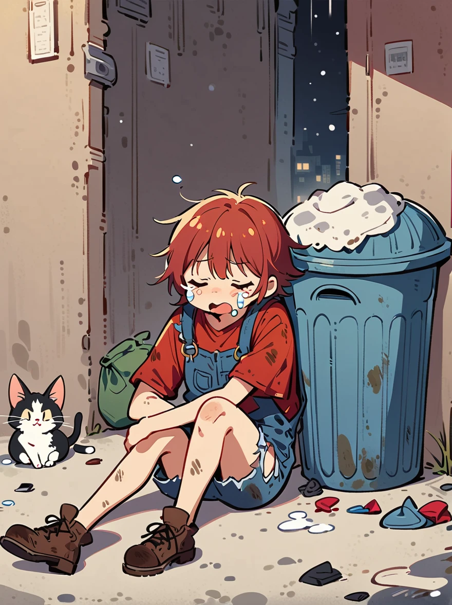 cartoon illustration，simple，rainstorm，Depicting an anthropomorphic cat，solo，Dirty，eyes dull，Listless，Malaise，decadent，crying emoticon，Loose ripped denim ripped overalls overalls，red linen shirt，Tattered leather shoes，There is a big bag next to you，Sitting next to the trash can on a dirty street corner，Many broken wine bottles around，Dirty environment，correct human anatomy