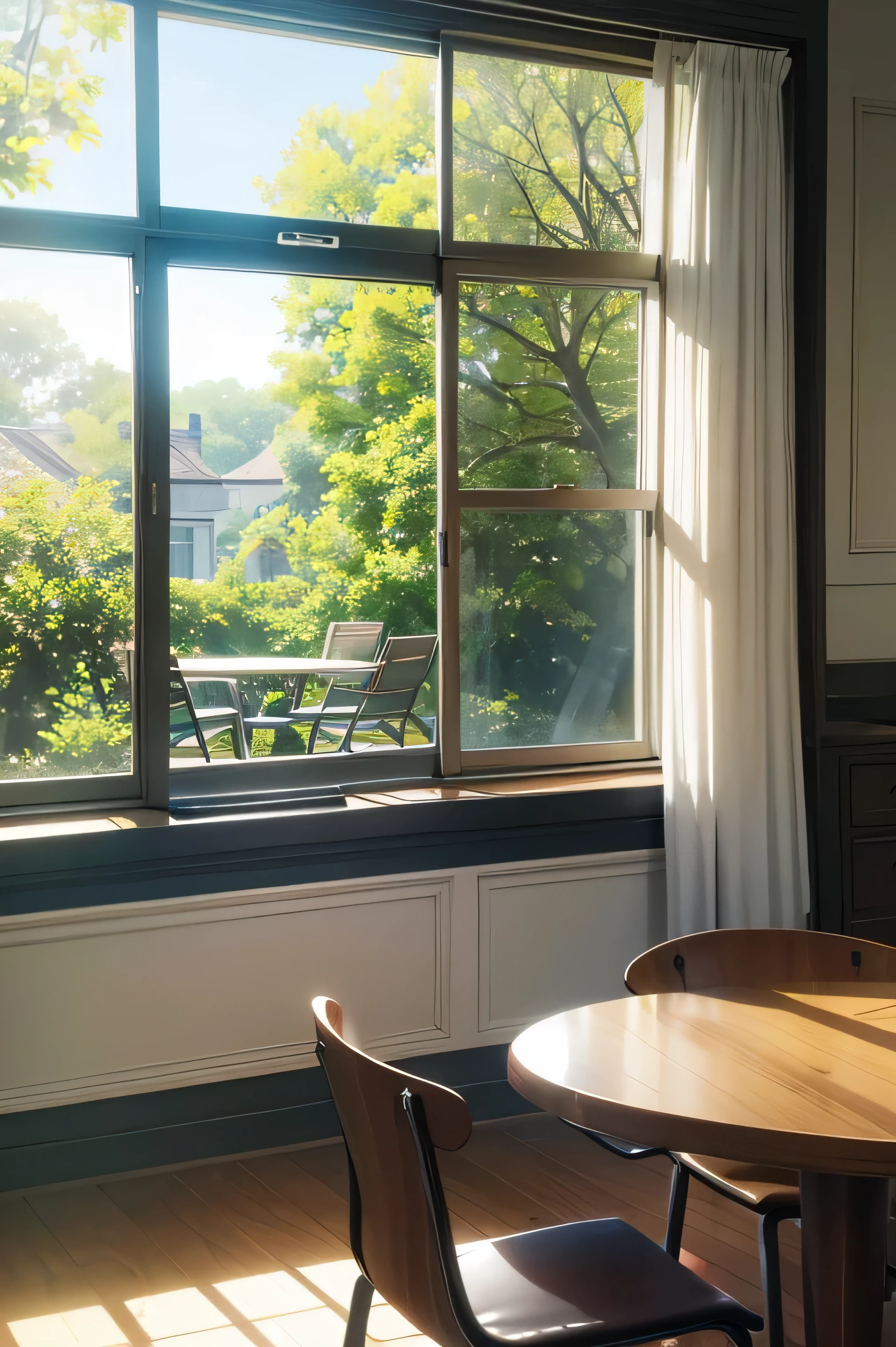 anime style illustration, wide window, large living room, Morning light, large living room, white round table, 2 white chairs, Calm time, tree outside the window々, sunlight filtering through the trees
