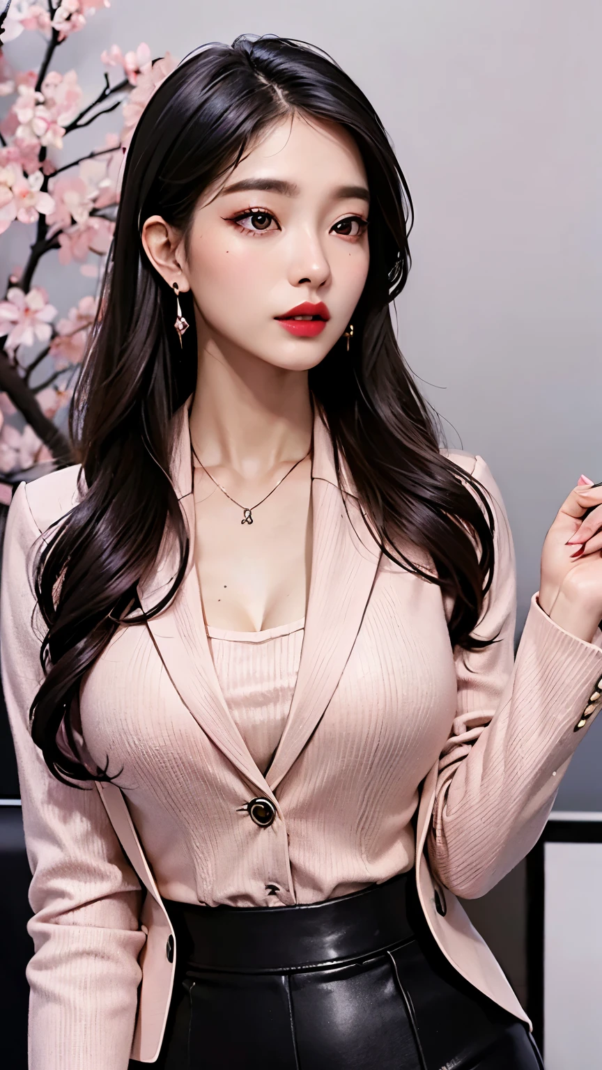8k, ultra-detailed, high-quality, beautiful office woman, slender figure, elegant office clothes, office siren look, dark black long wavy hair, siren seductive eyes, red lipstick, smokey eye korean makeup, dainty necklace, dainty earrings, white long sleeve shirt, pink blazer, pink high waisted pencil skirt, cherry blossoms