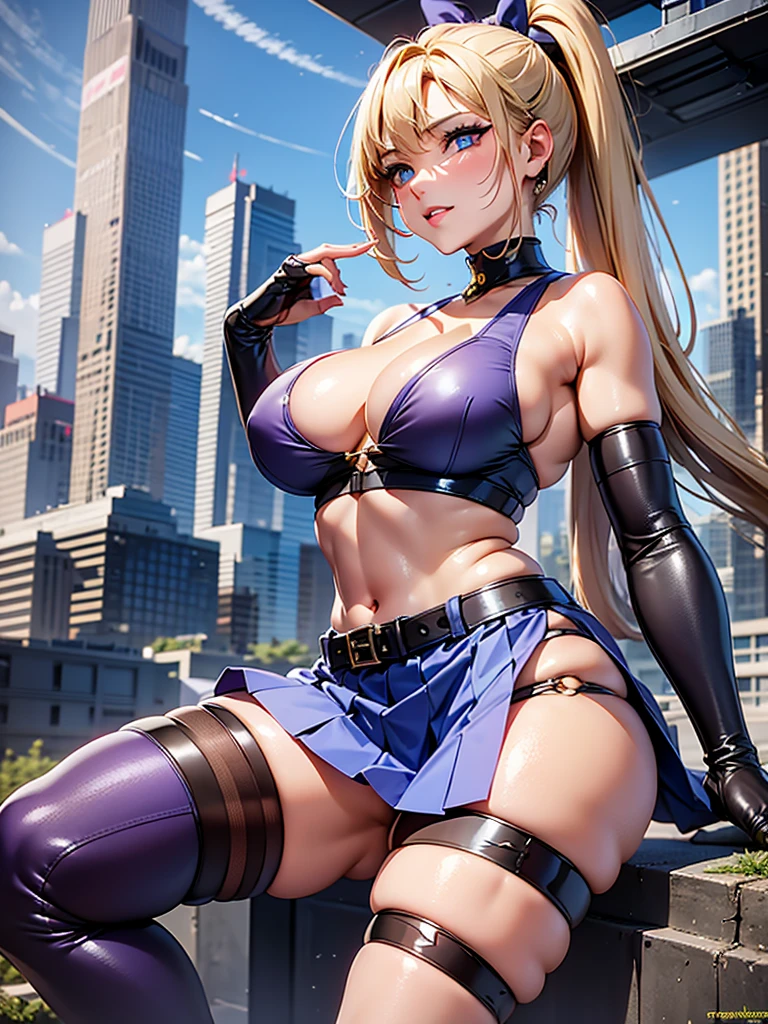 super quality, many details, a sexy warrior, with a short skirt, holding a bow, with a low-cut T-shirt, big breasts, big blue eyes, hair in a ponytail, piercing gaze, boots, hair in two shades of purple and blonde, wide bracelets on the hands, a jungle in the background, tanned skin, athletic constitution, provocative,