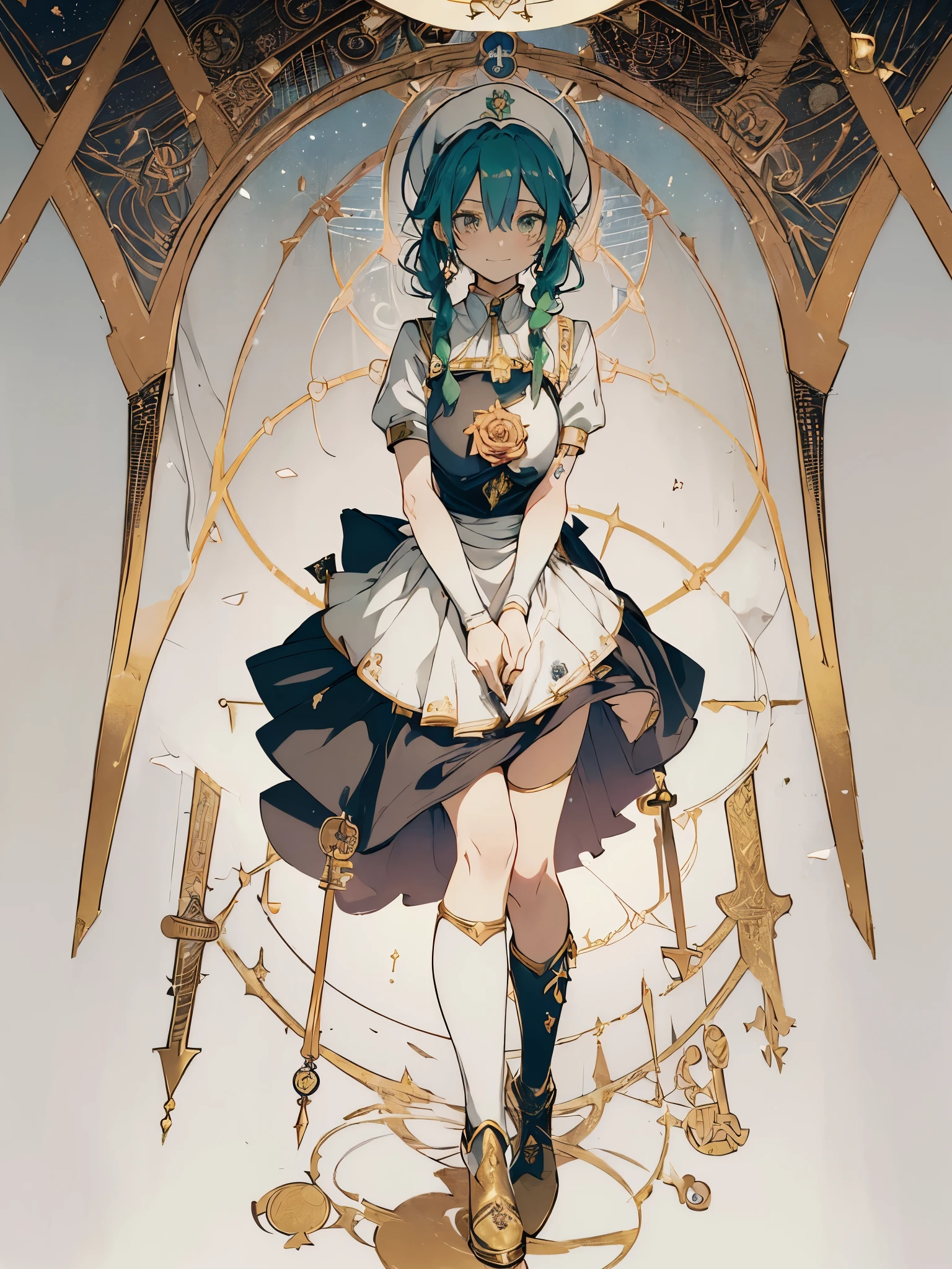 (Golden Ratio:1.2),(rose graffiti:1.2),(fault color:1.3),[(white background:1.4)::10], (full body:1.2),(ultra-detailed:1.3),(tarot:1.6),(the magician (tarot):1.6), 1girl in、Magical girl、A smile、The shirt、Blouse、skirt by the、long boots、Hats、long wand、green hair、pigtails, healer, quiet personality, simple background, Nurse