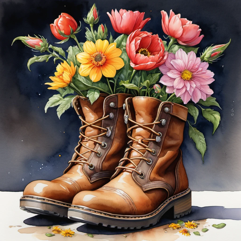 flowers in boots, illustration, super realistic style, Watercolor, trending on artstation, sharp focus, studio photo, intricate details, highly detailed, by greg rutkow