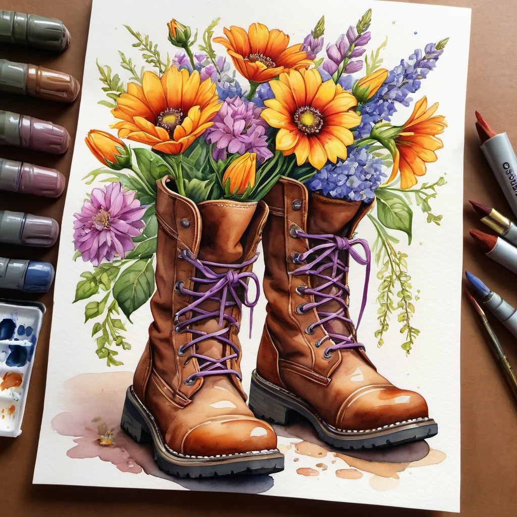 flowers in boots, illustration, super realistic style, Watercolor, trending on artstation, sharp focus, studio photo, intricate details, highly detailed, by greg rutkow