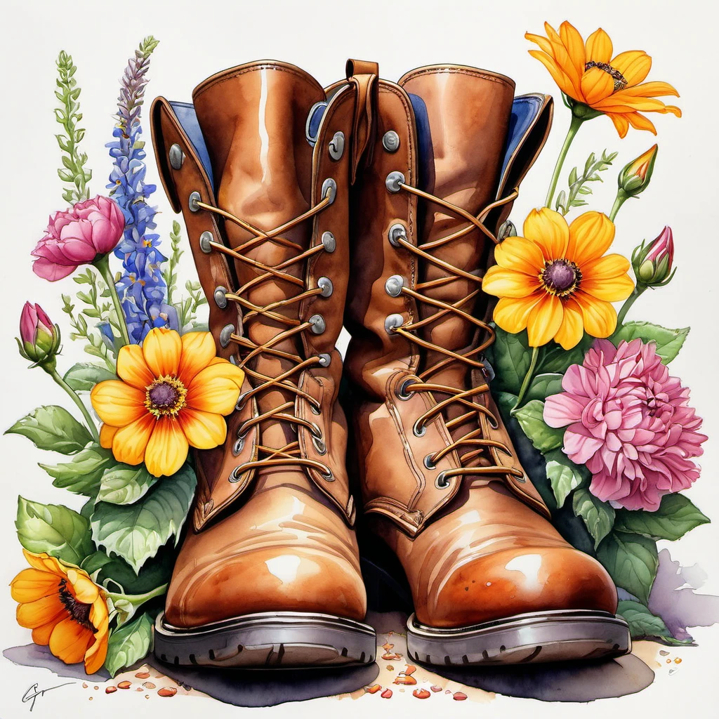 flowers in boots, illustration, super realistic style, Watercolor, trending on artstation, sharp focus, studio photo, intricate details, highly detailed, by greg rutkow