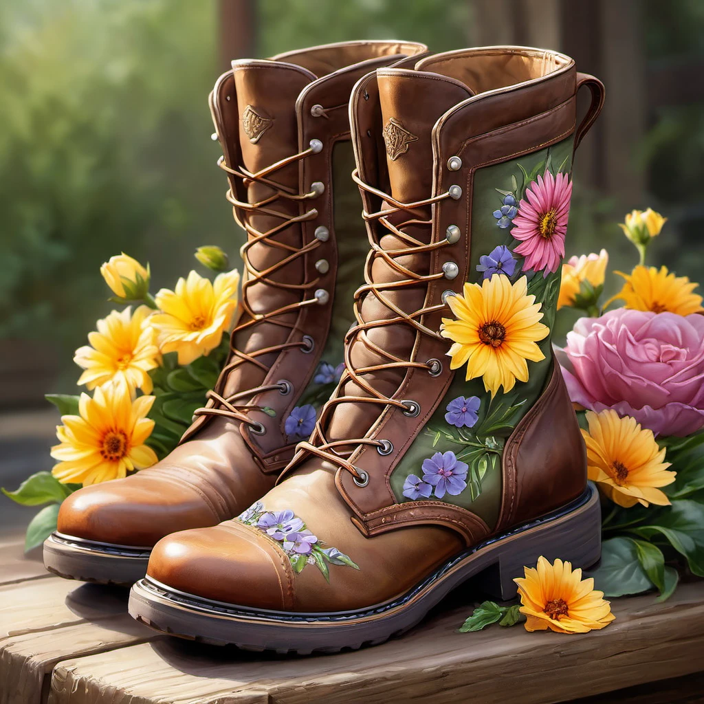 flowers in boots, illustration, super realistic style, Watercolor, trending on artstation, sharp focus, studio photo, intricate details, highly detailed, by greg rutkow