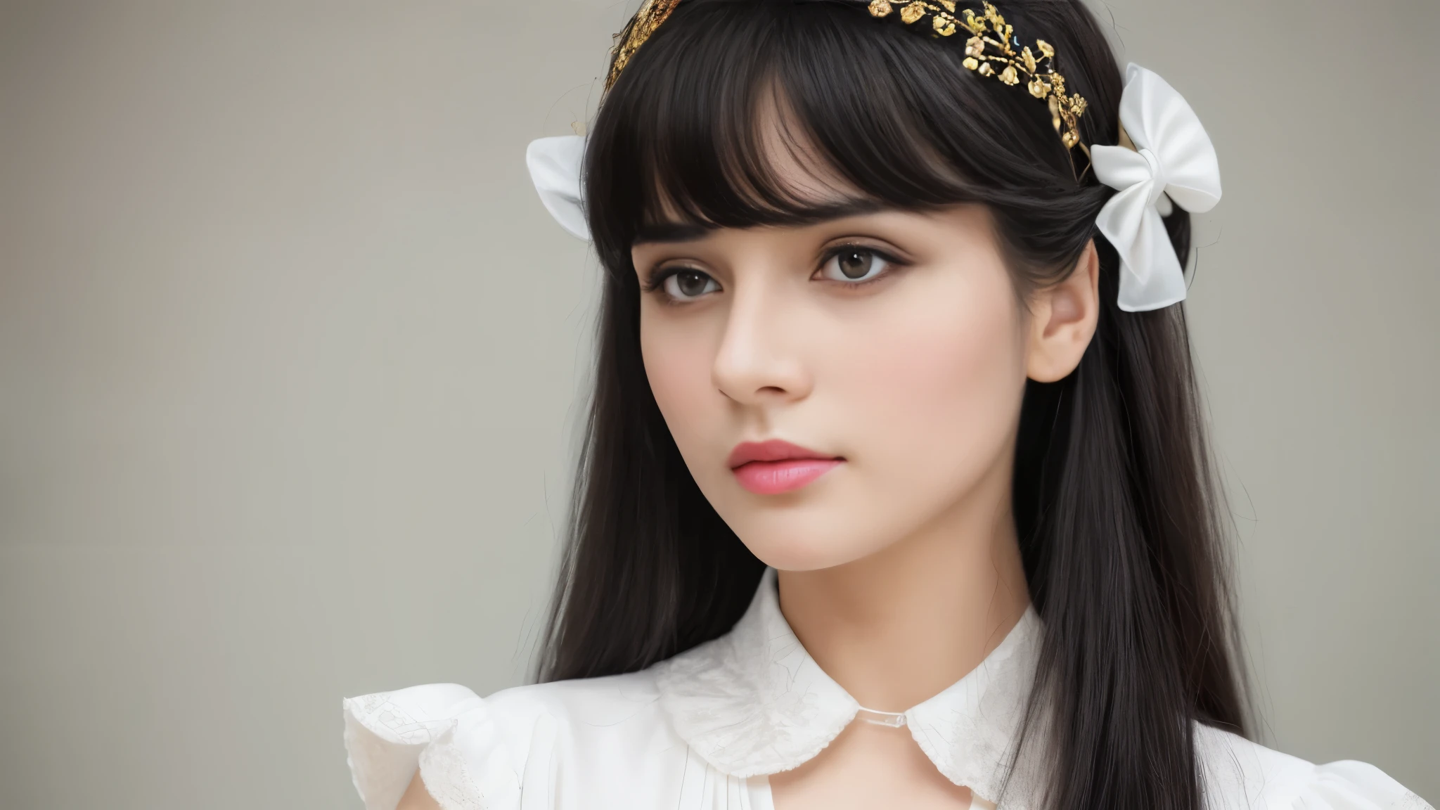 best quality, (lifelike:1.2), 1 girl, G milk，alone, Detailed face, Face focus, permanent, black hair,(hair accessories:1.35),female office worker, bow sleeves, Separate sleeves, ribbon trim, wide sleeves, (looking at the audience:1.5) long hair, black eyes, Bangs, lips,