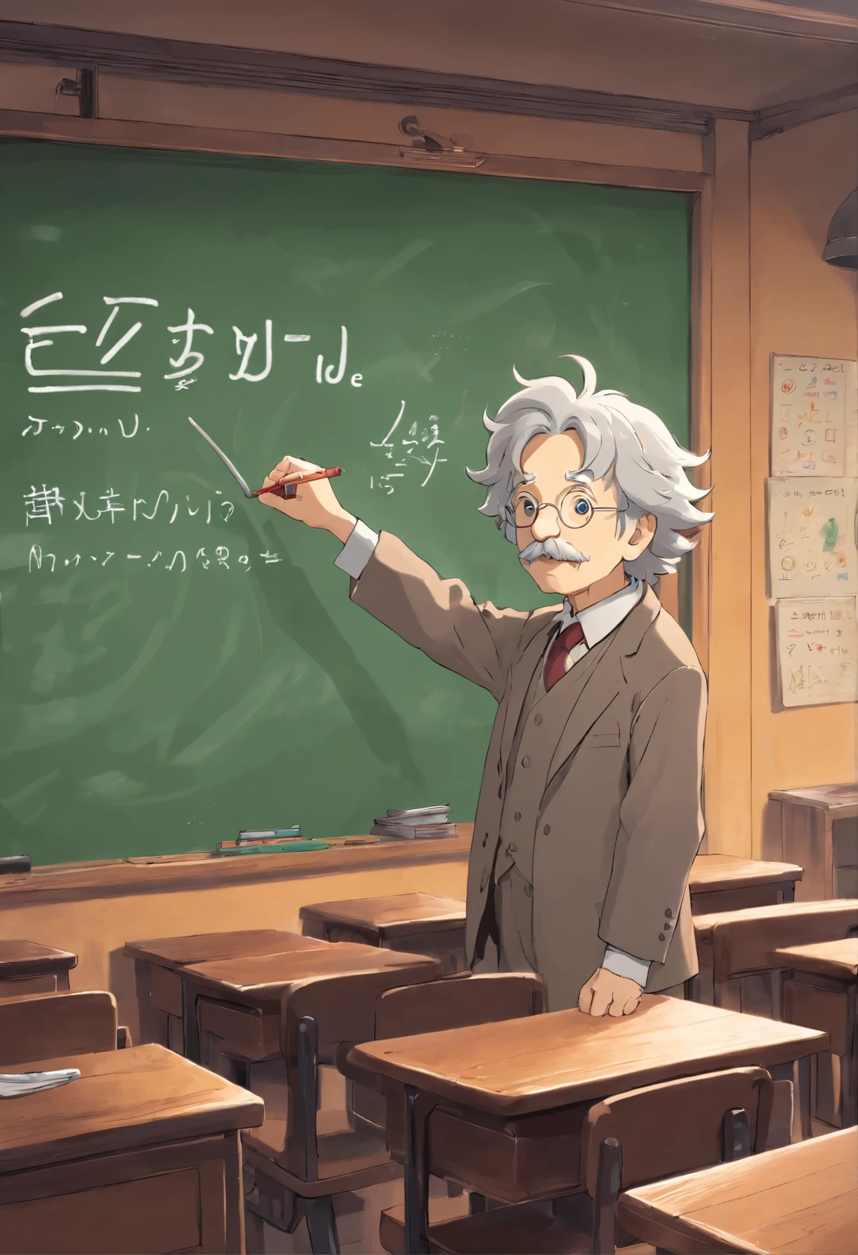 Einstein against the backdrop of a school blackboard with E written on it in chalk=mc²