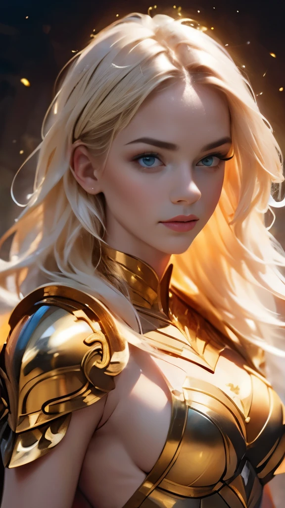 blonde with long hair in golden armor 