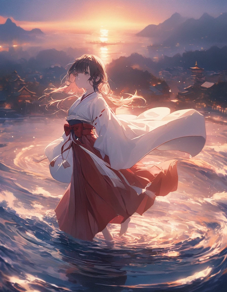 A breathtaking and enchanting Japanese anime illustration of a serene sunset scene, with the sun gently touching the horizon, casting a warm golden glow on the tranquil sea. The sky is filled with a beautiful blend of warm and cool hues, and a few silhouetted clouds add depth to the fading light. A traditional Japanese shrine maiden, adorned in exquisite robes, dances gracefully upon the sea's surface, her movements delicate and ethereal, as though she is one with the water itself. The unique artistic style harmoniously combines traditional Japanese art with modern surrealism, capturing the essence of the moment in a never-before-seen way. The interplay of light and shadow accentuates the maiden's silhouette, evoking a sense of serenity and enchantment. This ultra-high-res, ultra-, cinematic, 1girl, solo, wearing a miko outfit, red hakama skirt, cute girl, 20yo, dusk, dancing on water, on water, floating on water, dusk, blue hour, anime character, s-cute face, 