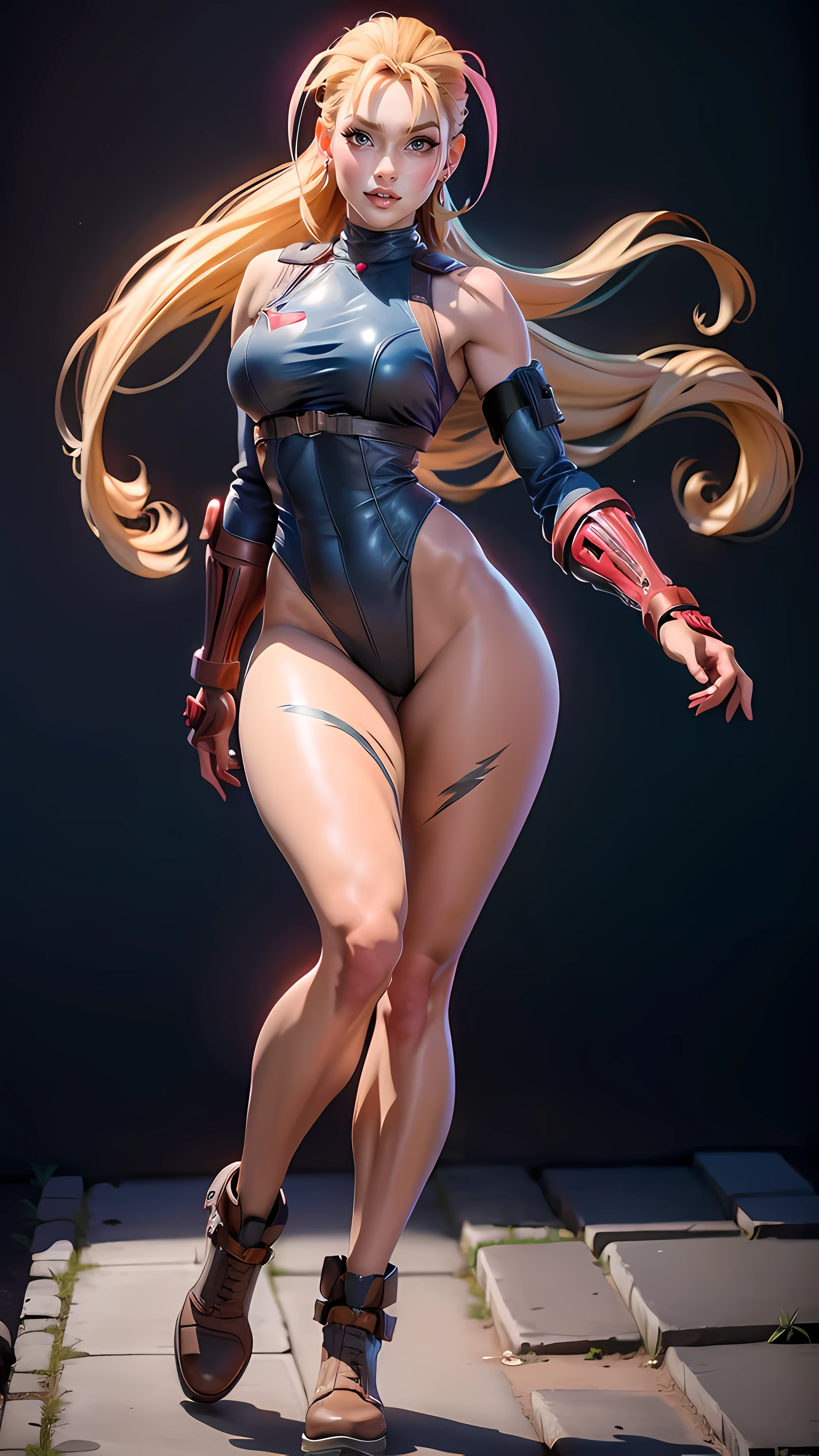 Cammy, best quality,masterpiece, (full body), high res,original, beautiful detailed eyes,ultra-detailed, perfect anatomy, 1girl, solo, cowboyshot, large breasts, wide hip, glamorous body, slender body, , long hair, happy face, blush, parted lips, perfect lighting,Colorful, Bright_Front_face_Lighting, shiny skin, (beautiful_face:1.5),