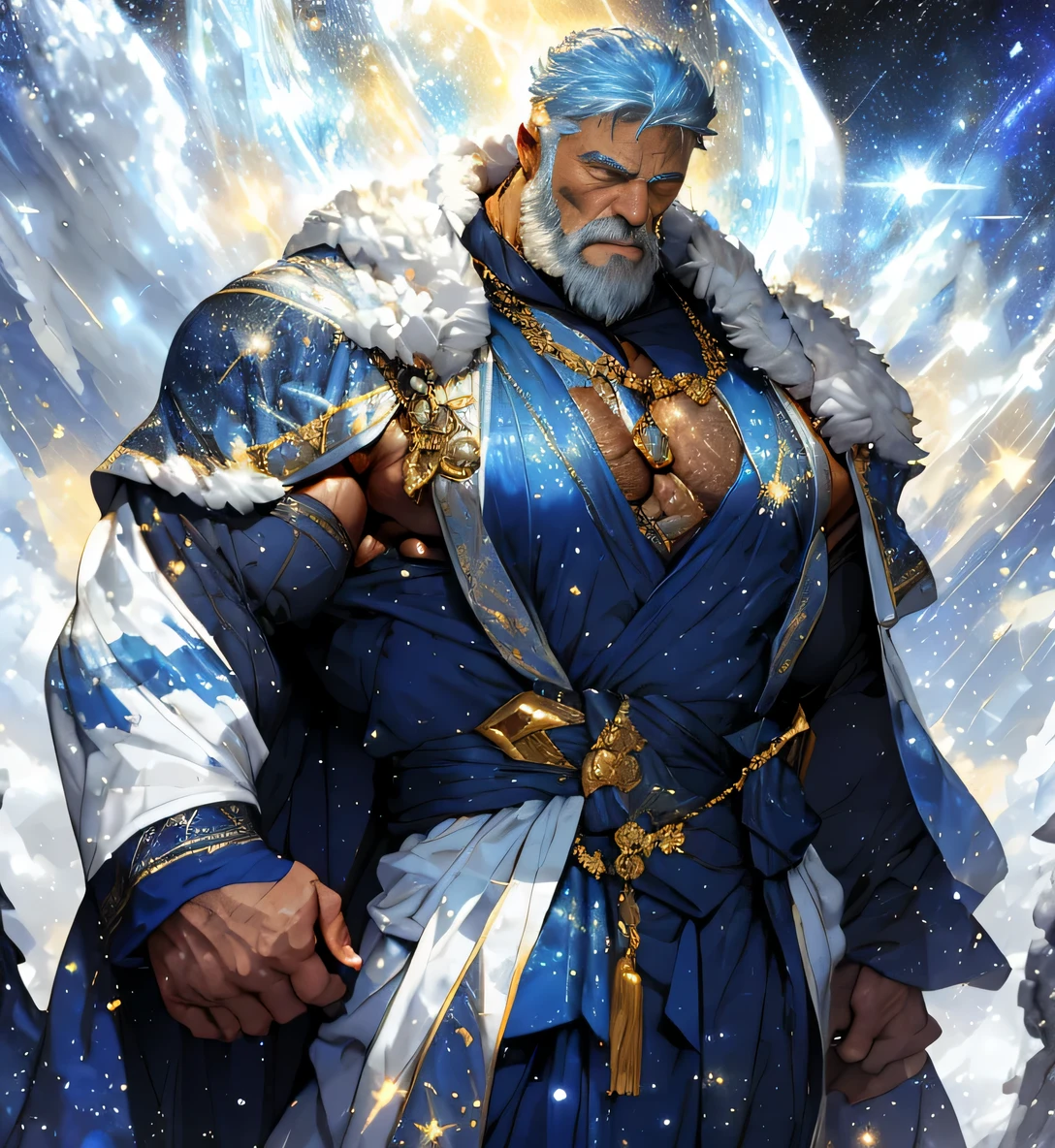 A big one, muscular old man，Fifty-five years old，Gorgeous sapphire blue gown，gold trim，He exposed his muscular chest，He showed off his great pecs，Energetic，Behind him are the brilliant starry sky and the cold polar regions，He showed off his strong chest muscles