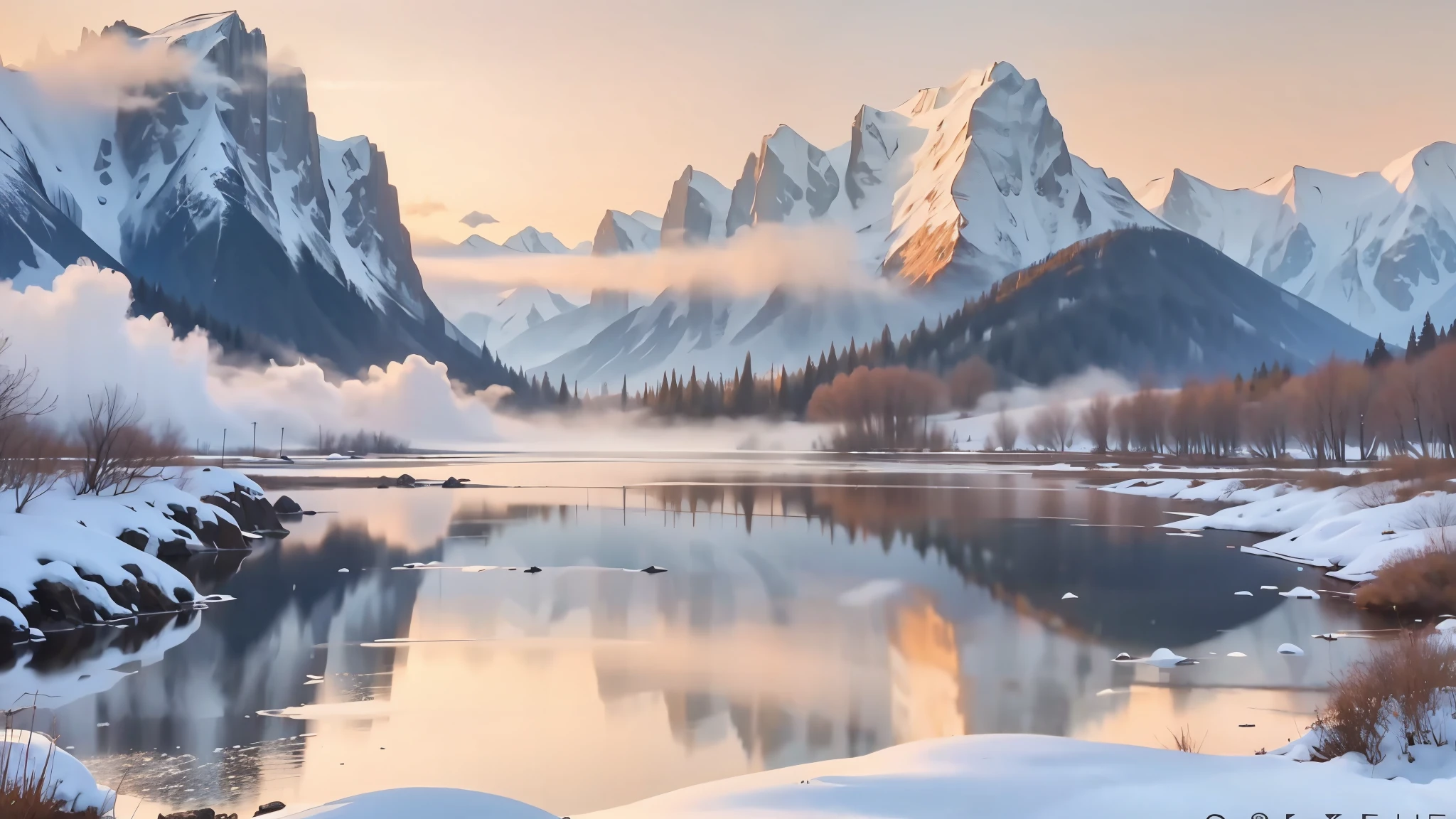 This is a beautiful computer wallpaper that shows the enchanting scenery. The picture shows a tranquil lake, the water of which is calm and crystal clear like a mirror. The emerald green meadows by the lake are dotted with gorgeous flowers, and colorful flowers sway in the breeze, giving off a charming fragrance. On the other side of the lake is a spectacular mountain range with towering peaks and mist enveloping the peaks. The steep and majestic mountains act as a barrier to protect the tranquility of the lake. The contours of the mountains are smooth, and the snow on the top of the mountains shimmers silvery white in the sunlight, giving it a sacred and majestic feeling. The sky is blue without a hint of clouds. The sun is rising behind the mountains, shooting a warm glow that illuminates the entire landscape. There is still a faint orange-red glow in the distant sky, as if it still tells the beauty of the dawn. The whole picture conveys tranquility, mystery and natural beauty. This computer wallpaper makes people feel relaxed and peaceful, every time you turn on the computer, it is like entering a perfect world that has nothing to do with earthly troubles, realistic style, master works, 16K, super high resolution.