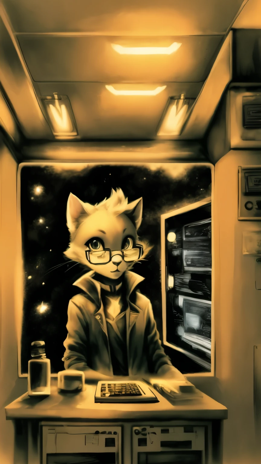 Correct furry, cute face, nice face, yellow background, cat in a scientific coat, Space, cat in the corner of the image, depression, many light bulbs on wires from the ceiling, glasses, full face face, computer networks, servers, yellow filter, Steins;Gate, parallel worlds, ((Best quality)), ((masterpiece)), (detailed), perfect face