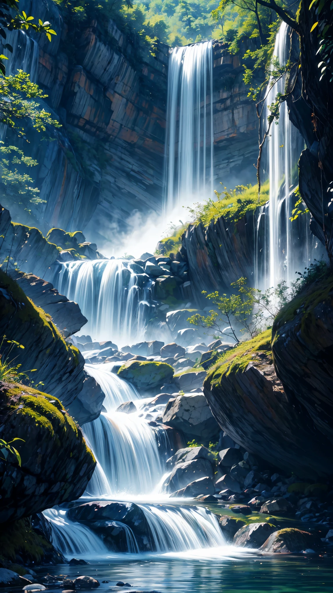 Water like a waterfall flows in the mountains.
