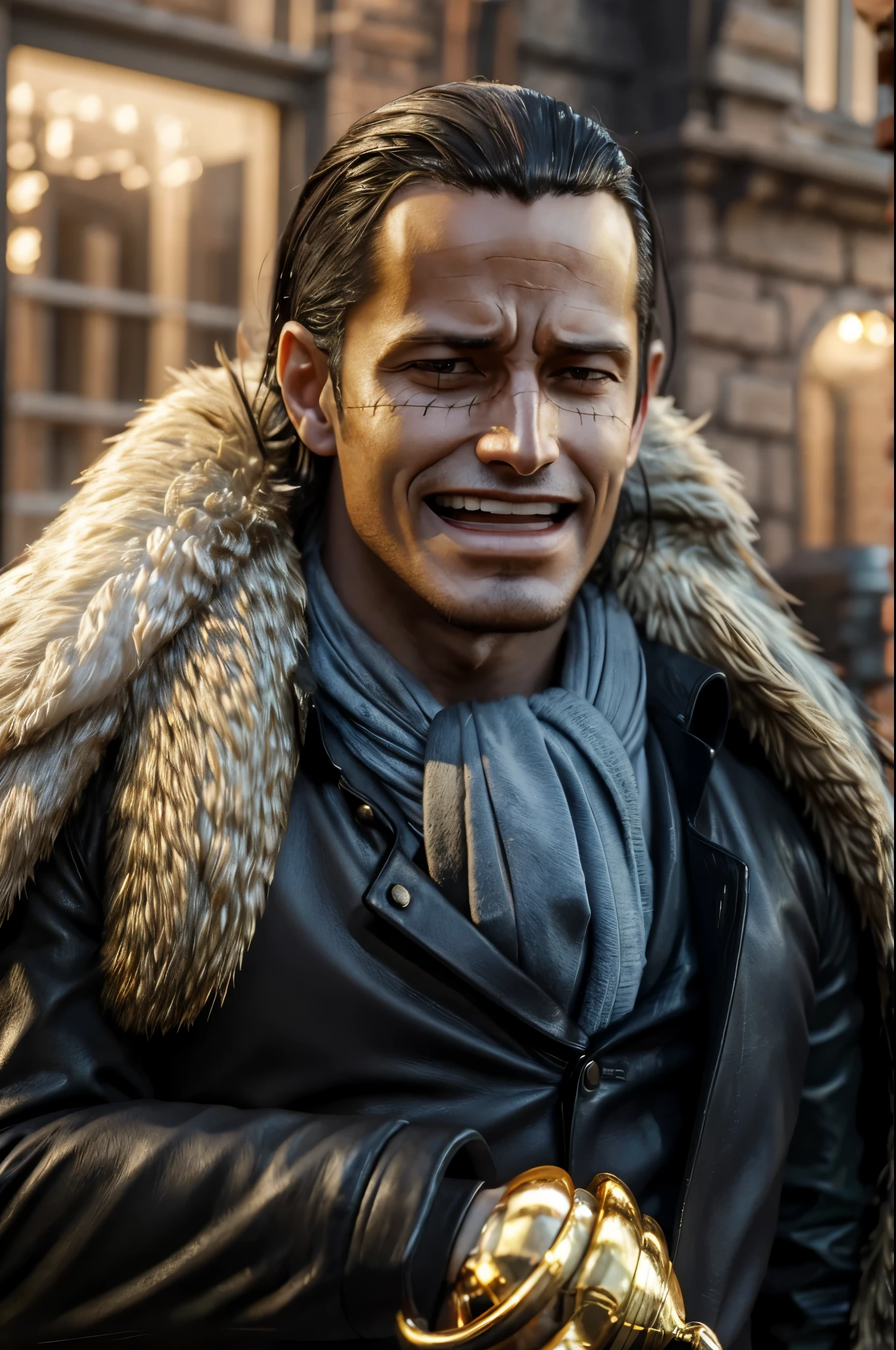 masterpiece, best quality, extremely detailed, hyperrealistic, photorealistic, a cool 40s man, ultra detailed face:1.2, fur-trimmed coat, scarf around the neck, his left hand is a golden pirate hook:1.1, laughing, buildings made of white bricks