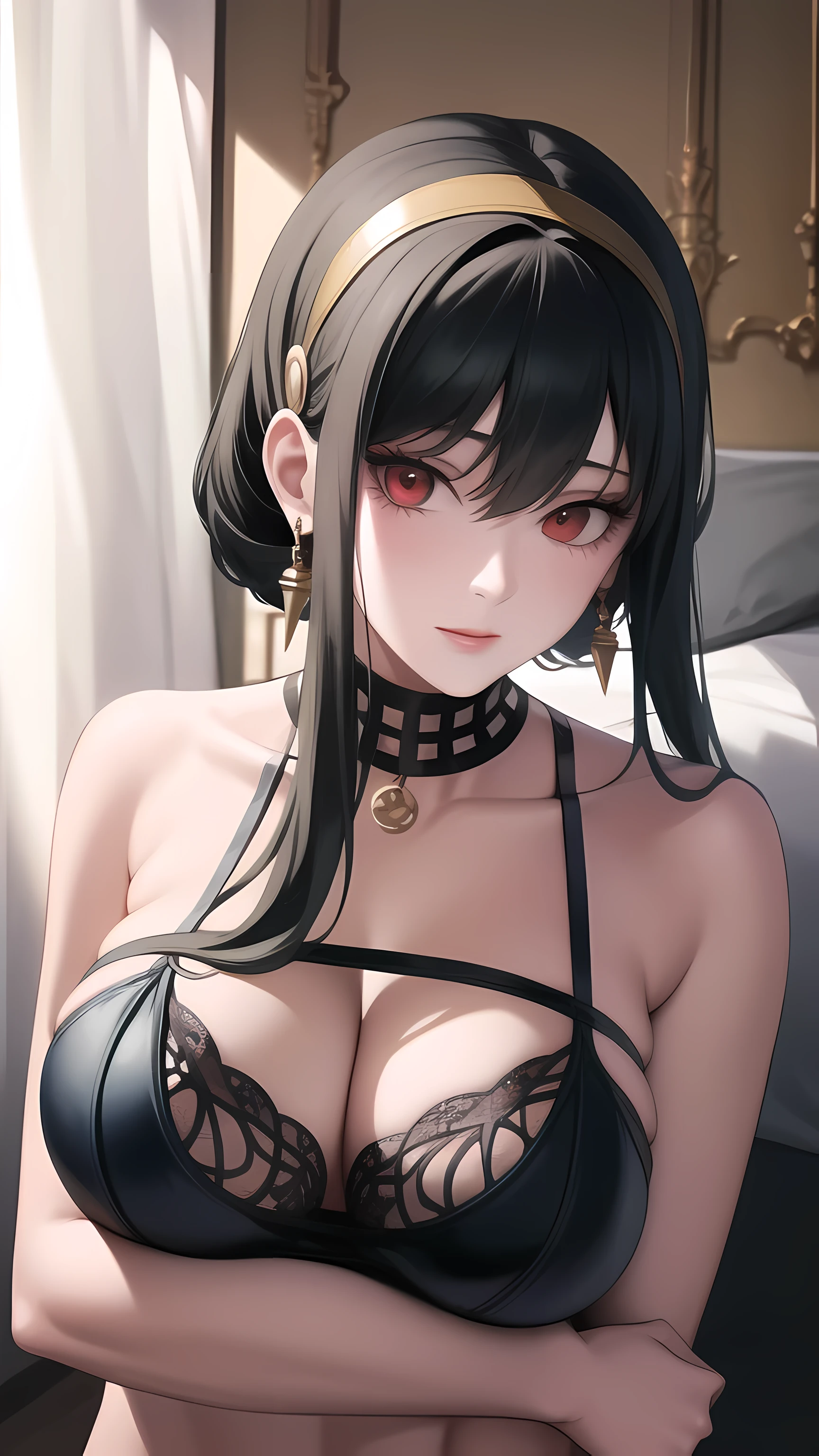 (masterpiece), (best quality), ultra high res, ultra detailed, detailed eyes, intricate,lay on bed,  1girl, looking at viewer, bbyorf, short hair with long locks, gold hairband, red eyes, gold earrings, large breasts,  sexy lingerie