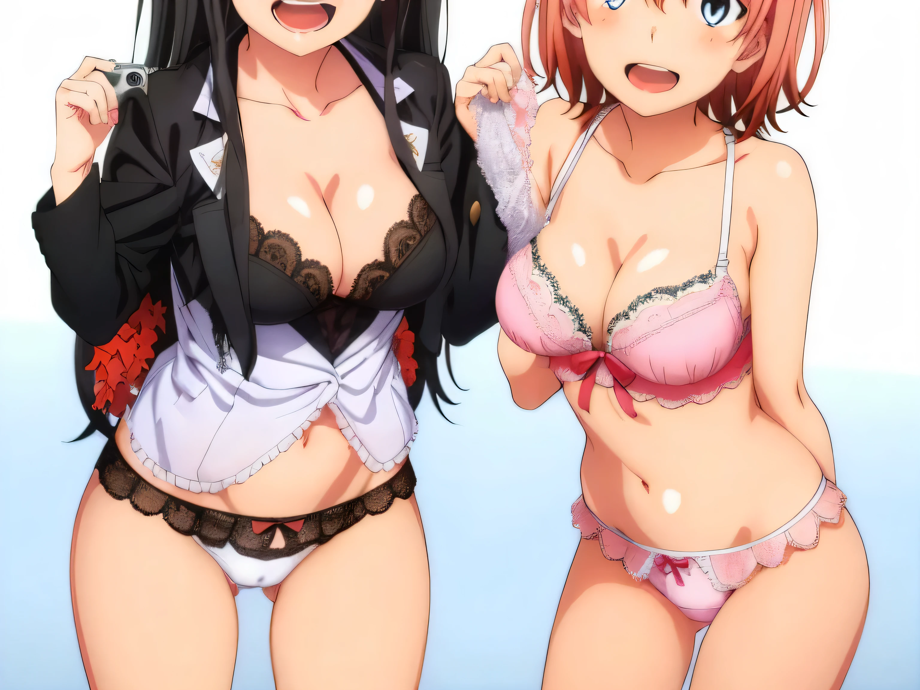 2 girls , Yukinoshita Yukino , yuigahama yui'the bust is amazing,In underwear,Please bring your face closer to the camera,(white panties:1.0),(red ribbon on pants),(pink panties:1.0),pussy cameltoe,(thighs),cowboy shot,high angle,beautiful eyes,open your mouth,smile,look at the camera,camera up to head