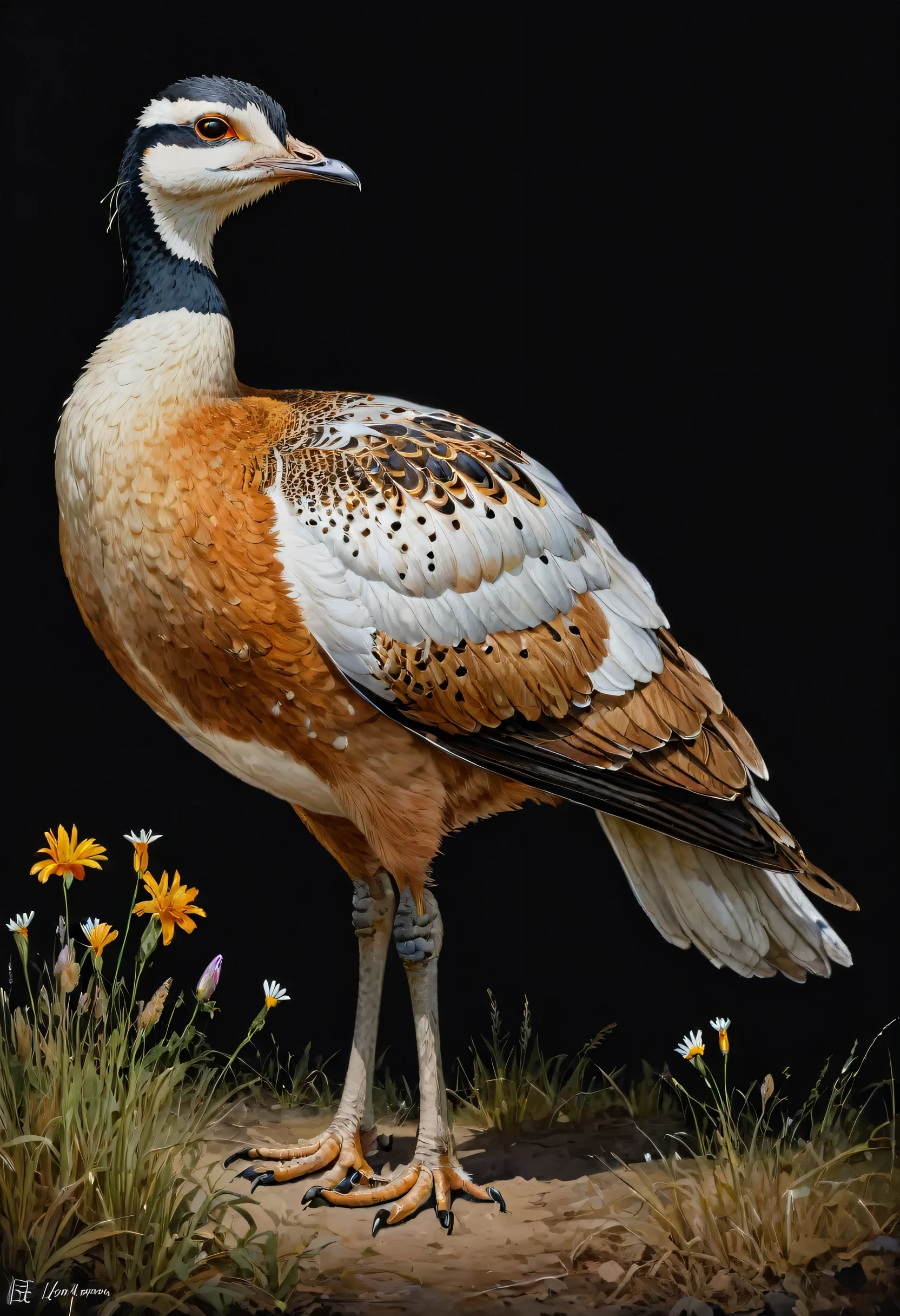 watercolor painting, flowers, Otis tarda Great Bustard, full view, (by Song Huizong Zhao Ji), (best quality, masterpiece, 8k) (Black background)