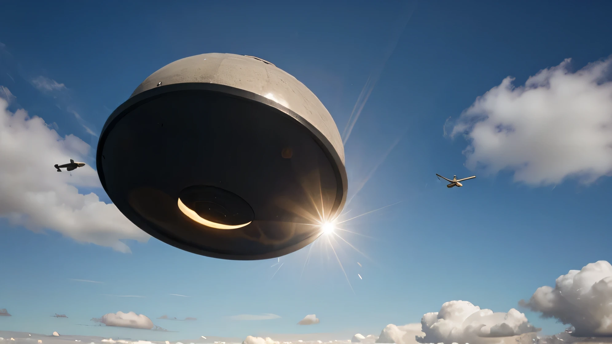 a mysterious flying saucer object in the sky.