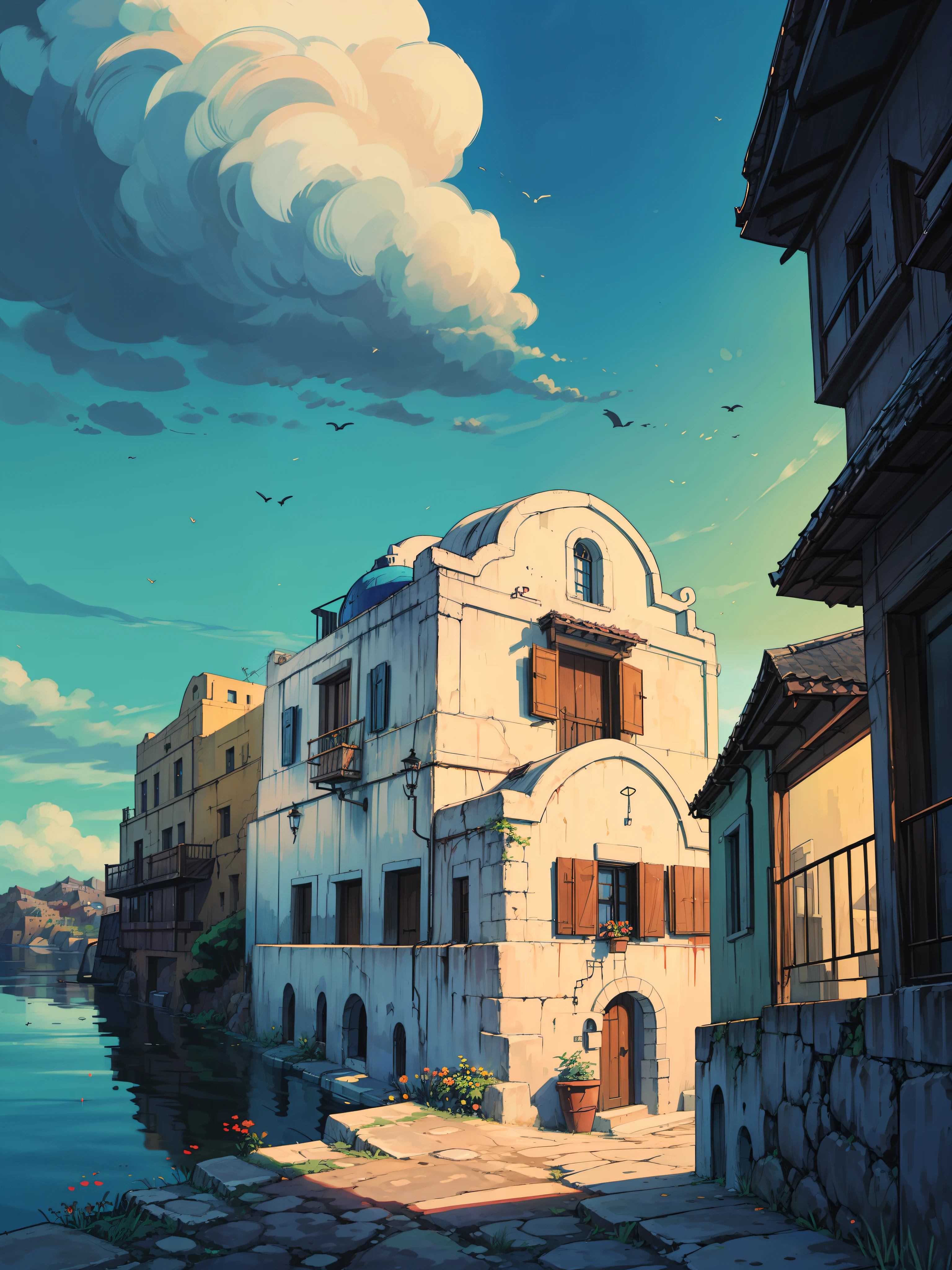 (masterpiece:1), (Hawk eye view:1.7), (a beautiful street of Santorini:1.6), (pond:1.3), (flower pots:1.5), (day time:1.3), silence, (blue cloudy sky:1.4), (blue and white houses:1.5), (soft glow of vibrant tones:1.4), (sunlight falling on wall:1.5), magnificent sky, (volumetric light:1.2), peaceful, (white wooden fencing:1.5), (vibrant bright tones:1.5),(long grass:1.3), (bushes:1.3), (beautiful decorations:1.5), (windy:1.4), (beautiful aesthetics:1.2), (dense tree outside:1.5), beautiful tones, subtle colors, peaceful, (illustration: 1.0), epic composition, realistic lighting, (no human:1.6), HD details, masterpiece, best quality, ,