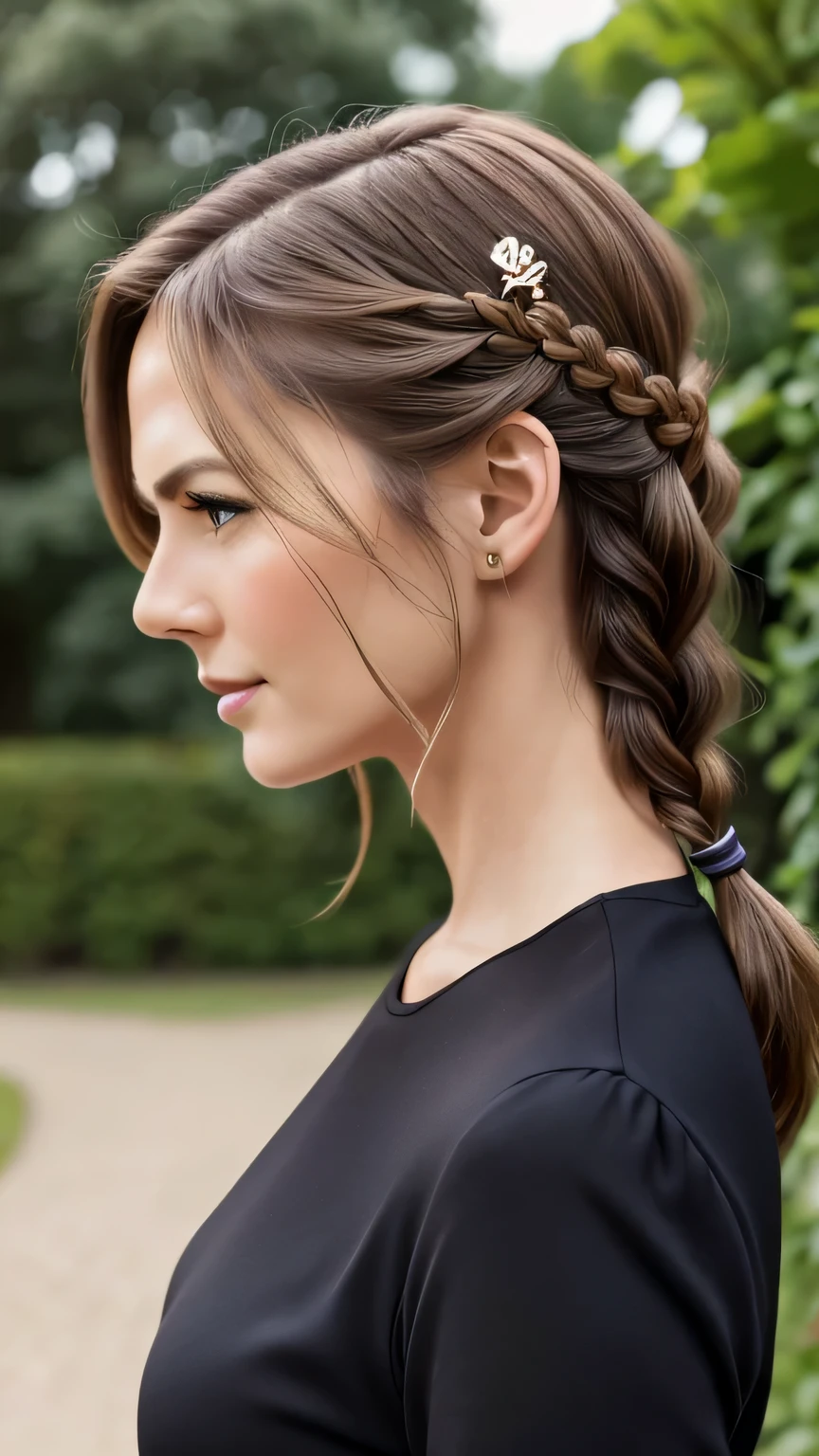最high quality,masterpiece, German woman in her 40s1名, alone, model shoot, wonderful, arena, (((I wore it))), View Users, blush, hairpin,(( Braid)), hair ornaments, ((hair clip)), detailed face、masterpiece, 最high quality, high quality, High resolution、party dress,in the garden, ((German woman in her 40s)), sexy、portrait