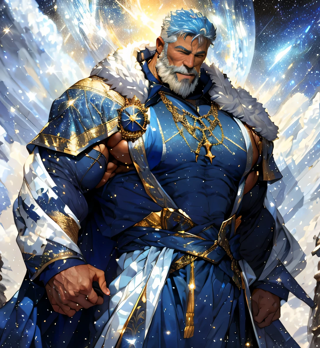 A big one, muscular old man，Fifty-five years old，Gorgeous sapphire blue gown，gold trim，He exposed his muscular chest，He showed off his great pecs，Energetic，Behind him are the brilliant starry sky and the cold polar regions，He showed off his strong chest muscles，smiling and looking ahead