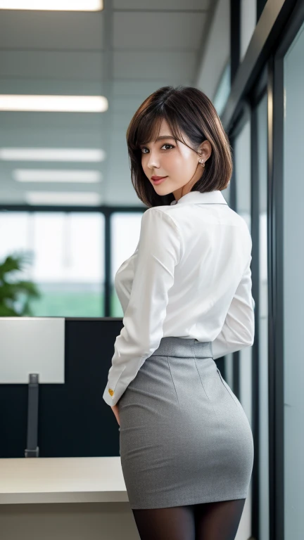 (8K, best quality, masterpiece:1.2), (actual, photo-actual:1.37), Super detailed, photo grade，1 Japanese beautiful girl,Turn your back to the camera， (Adjust hair:1.5) female office worker, An exquisite metal small mechanical keyboard,Gray office blazer, office skirt, (pantyhose:1.2), (Professional attire, (short hair:1.2), Flowing HairNovaFrogStyle,cute earrings