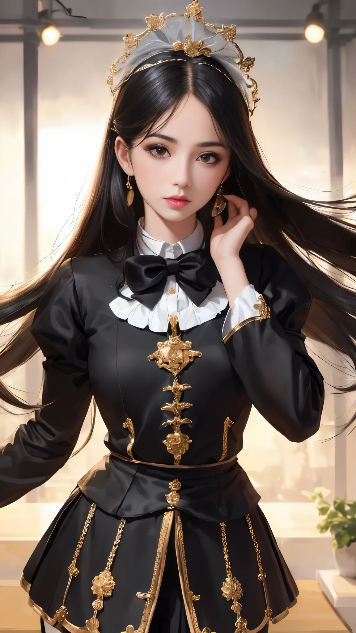 best quality, (lifelike:1.2), 1 girl, G milk,alone, Detailed face, Face focus, permanent, black hair,(hair accessories:1.35),female office worker, bow sleeves, Separate sleeves, ribbon trim, wide sleeves, (looking at the audience:1.5) long hair, black eyes, Bangs, lips,