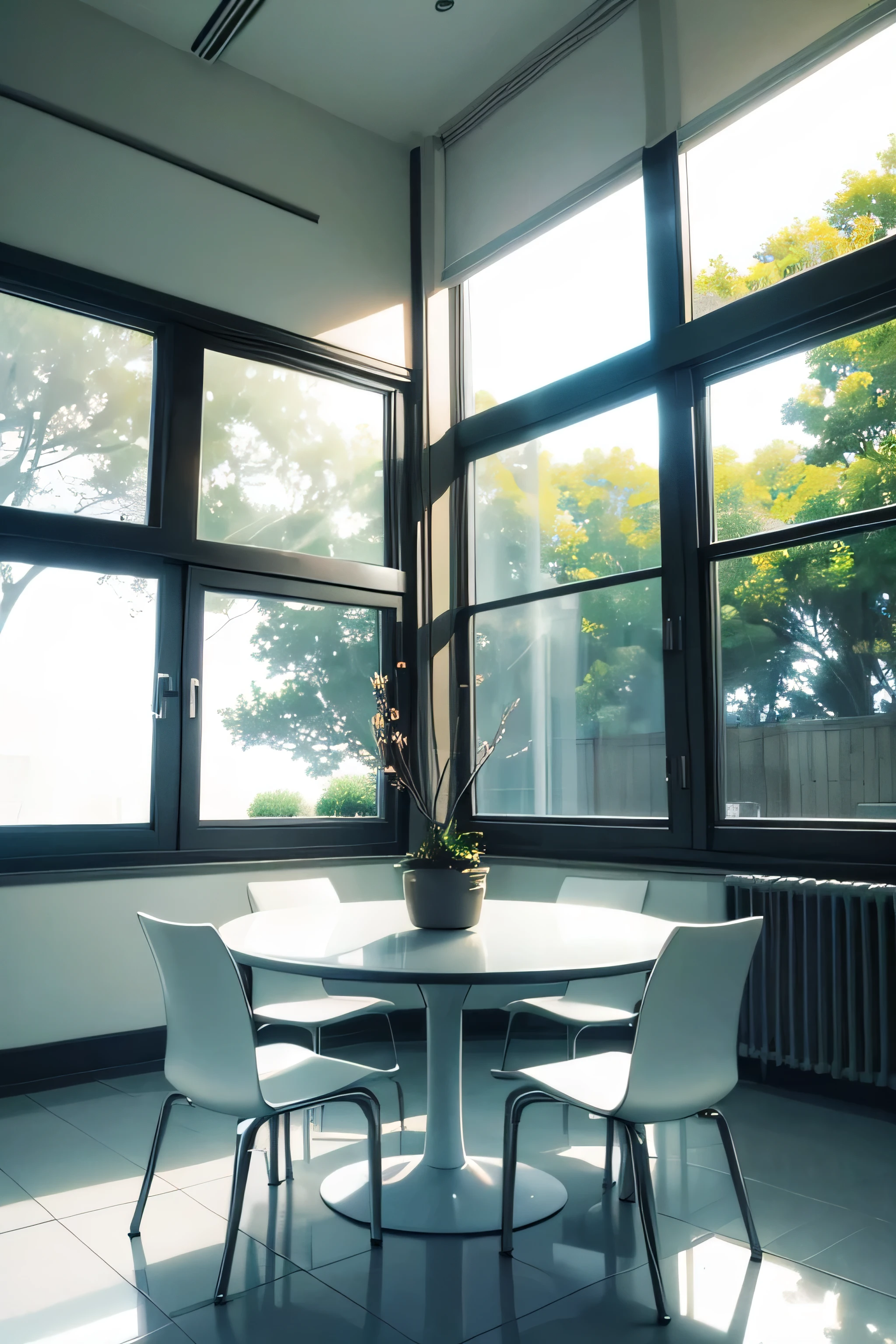 anime style illustration, wide window, large living room, white wall, white floor, Morning light, large living room, white round table, 2 white chairs, peaceful time, tree outside the window々, sunlight filtering through the trees