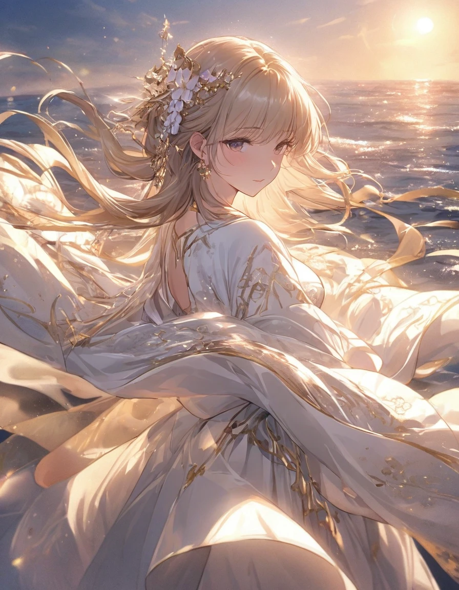 Imagine a Japanese shrine maiden bathed in the golden hues of the setting sun as she dances gracefully upon the tranquil surface of the sea. Begin by capturing her flowing robes, intricately adorned with traditional motifs that ripple softly in the ocean breeze. Pay attention to the delicate features of her face, illuminated by the warm glow, expressing a serene sense of devotion and tranquility. Render her movements with fluidity and elegance, each pose capturing the essence of her spiritual connection to the elements. Detail the surrounding environment, with gentle waves reflecting the fading light, creating a mesmerizing backdrop for her ritual dance. Let every brushstroke convey a sense of reverence and beauty, inviting viewers into a moment of timeless enchantment.