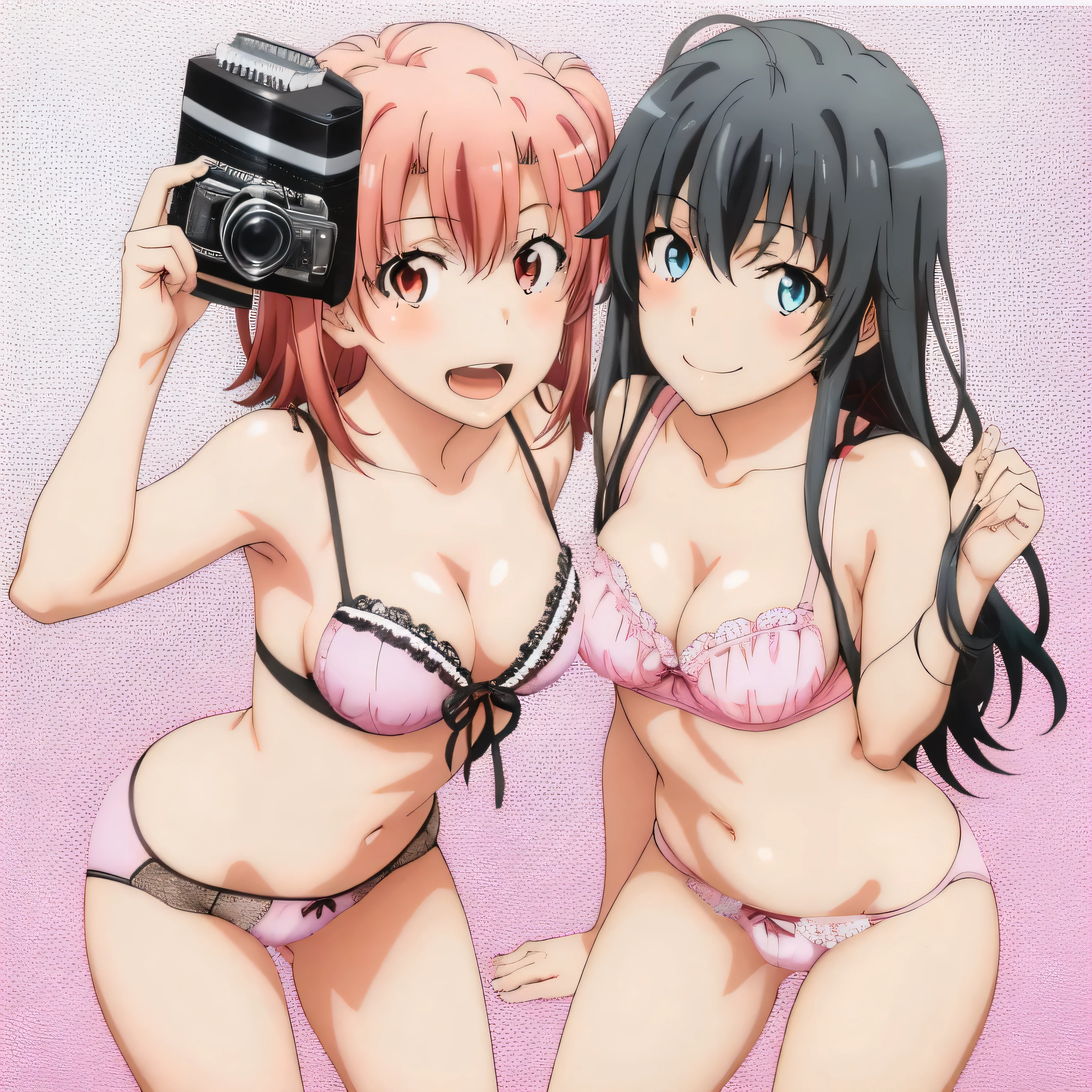 2 girls , Yukinoshita Yukino , yuigahama yui'the bust is amazing,pin up,In underwear,Please bring your face closer to the camera,(white panties:1.0),(red ribbon on panties),(pink panties),pussy cameltoe,thighs,cowboy shot,high angle,beautiful eyes,open your mouth,smile,look at the camera,camera up to head