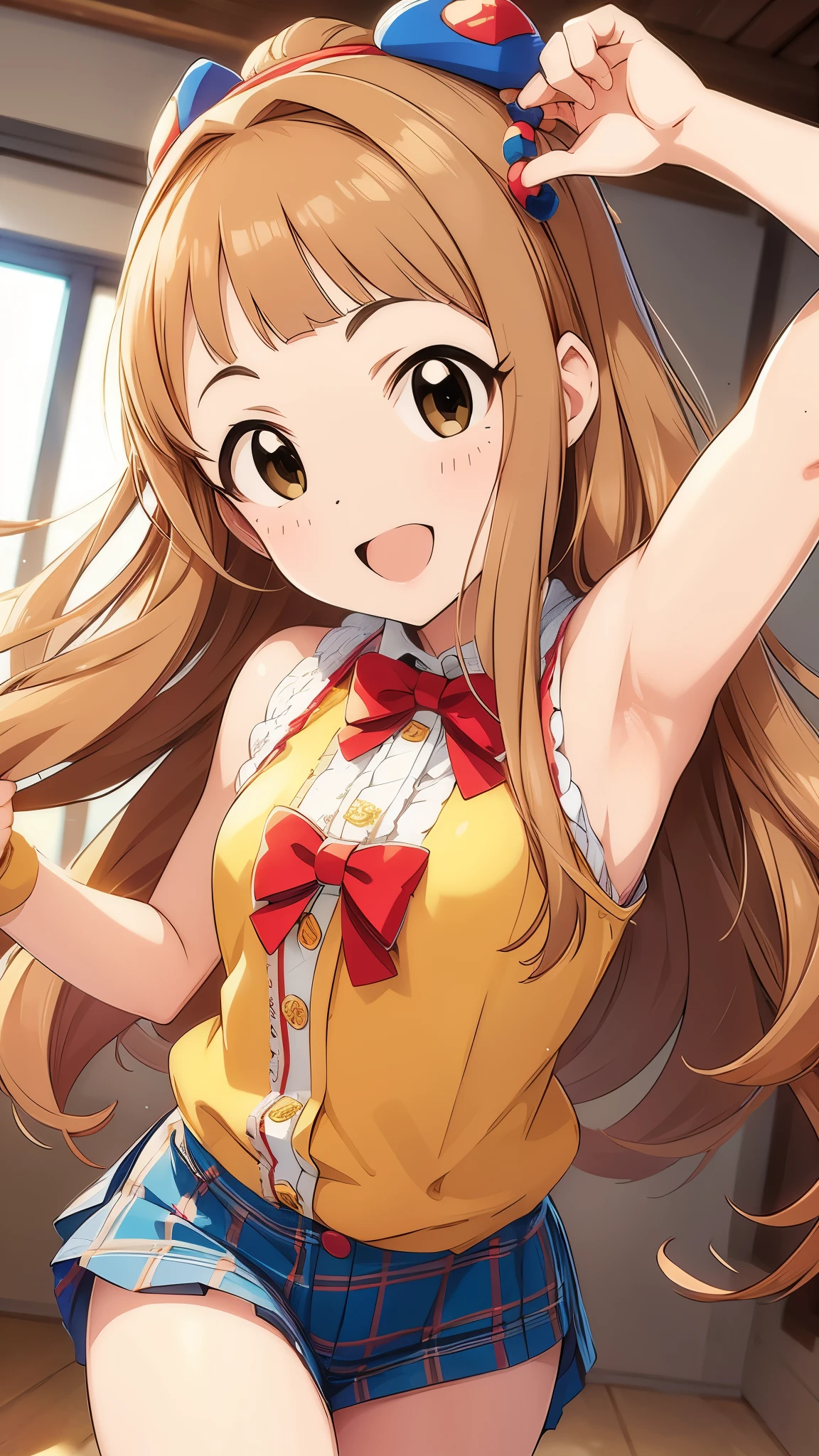 best picture quality, 8K, high quality, masterpiece:1.2), ((masterpiece)), (high detail, high quality, best picture quality), cute illustration:1.5), A woman showing her armpits。perfectly balanced anatomy, (idolmaster:1.3), (Nina Ichihara)
