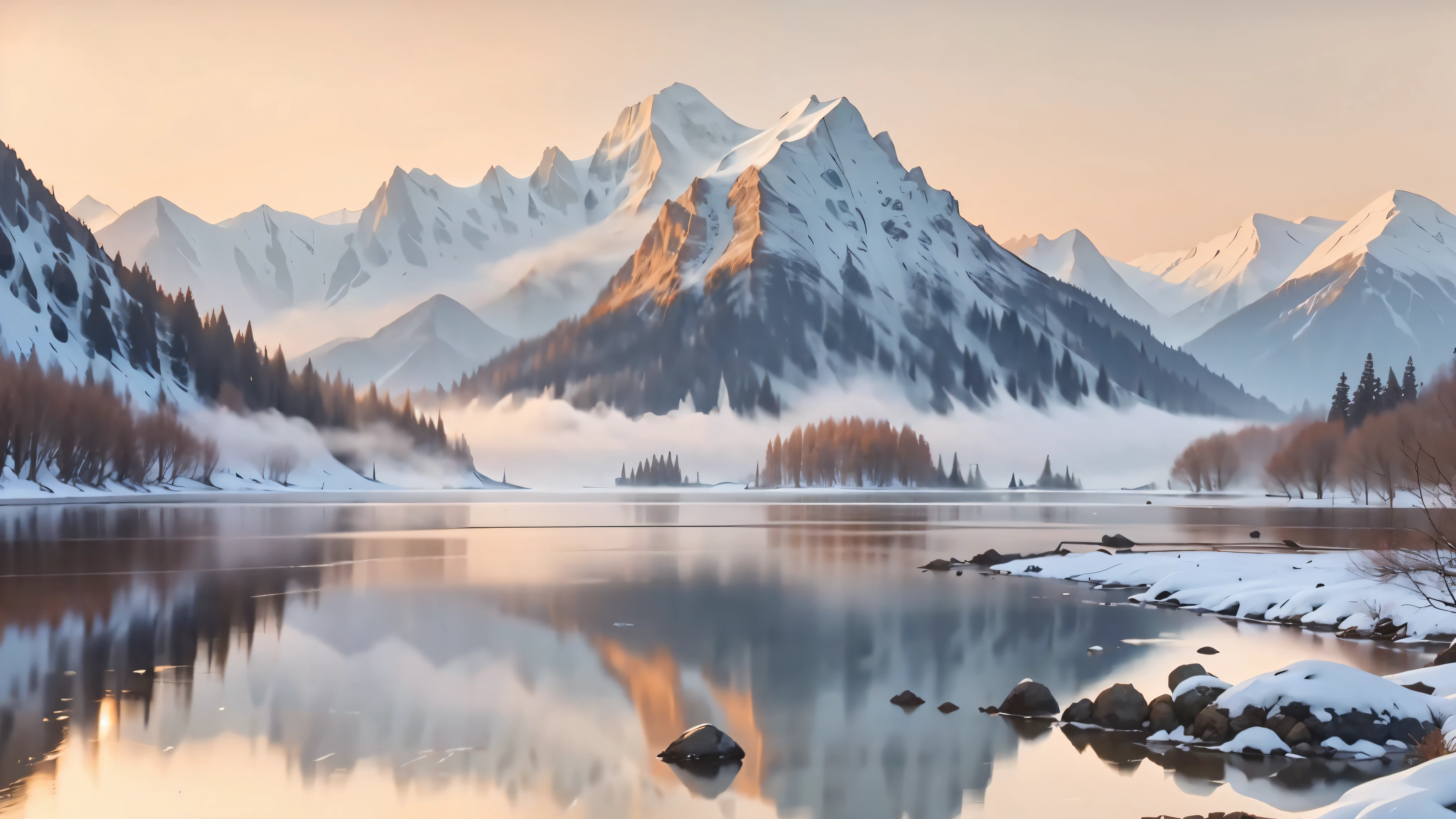 This is a beautiful computer wallpaper that shows the enchanting scenery. The picture shows a tranquil lake, the water of which is calm and crystal clear like a mirror. The emerald green meadows by the lake are dotted with gorgeous flowers, and colorful flowers sway in the breeze, giving off a charming fragrance. On the other side of the lake is a spectacular mountain range with towering peaks and mist enveloping the peaks. The steep and majestic mountains act as a barrier to protect the tranquility of the lake. The contours of the mountains are smooth, and the snow on the top of the mountains shimmers silvery white in the sunlight, giving it a sacred and majestic feeling. The sky is blue without a hint of clouds. The sun is rising behind the mountains, shooting a warm glow that illuminates the entire landscape. There is still a faint orange-red glow in the distant sky, as if it still tells the beauty of the dawn. The whole picture conveys tranquility, mystery and natural beauty. This computer wallpaper makes people feel relaxed and peaceful, every time you turn on the computer, it is like entering a perfect world that has nothing to do with earthly troubles, realistic style, master works, 16K, super high resolution.