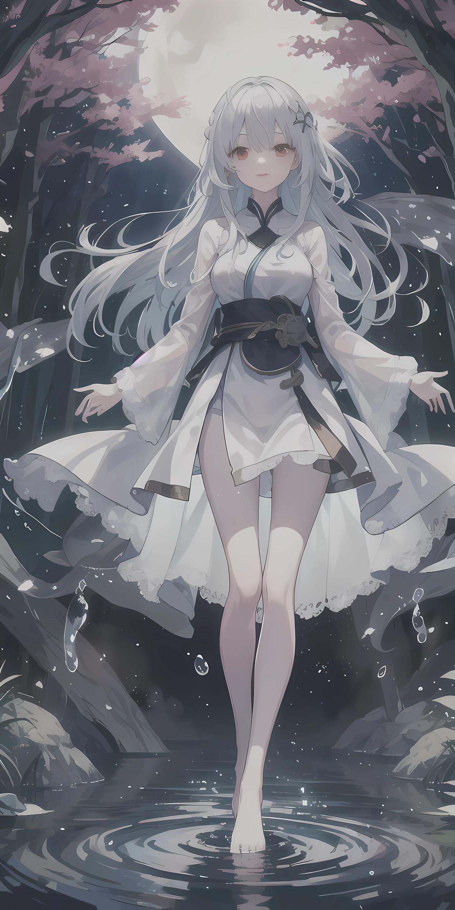 Ultra HD quality,8K,Dreamy beautiful moonlight in dark forest。View of a 15-year-old girl from above。(Wet messy silver hair and red eyes)。smile slightly。She only wore a long transparent white cloth,It has beautiful lace trim on it。Soak the cloth in water。(splashing in the dark forest lake at night)。(Hair or clothes are wet)。splash。Wet hair。Dripping water droplets。梦幻般的萤火虫在空中float、Light also reflects from water。near method and far method。glitter effects。Dynamic composition with depth。extremely high quality、high level of image quality、extremely refined。Rare workmanship,round,Room, Strong breasts),barefoot,float,water surface,(long legs,long legs,long legs,Gestalt),full-body shot。standing posture,Put your hands behind your back
