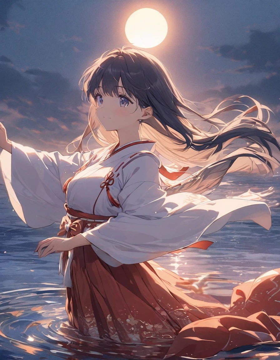 A captivating image of a Japanese shrine maiden performing a graceful dance on the ocean's surface. The maiden is dressed in flowing robes adorned with intricate traditional patterns, and her face is illuminated by the warm, golden hues of the setting sun. The waves gently ripple, reflecting the fading light, and the surrounding environment exudes a sense of reverence and enchantment., 1girl, solo, wearing a miko outfit, red hakama skirt, cute girl, 20yo, dusk, dancing on water, on water, floating on water, dusk, blue hour, anime character, s-cute face,
