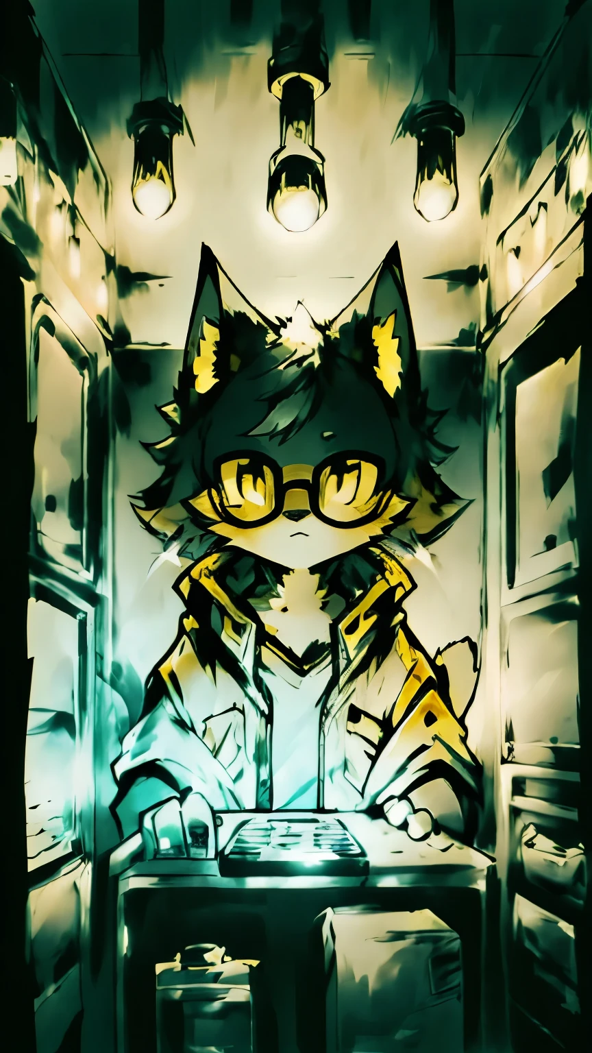 (((yellow filter))), (((Yellow colors))), yellow background, cat in a scientific coat, Space, cat in the corner of the image, depression, many light bulbs on wires from the ceiling, glasses, full face face, computer networks, servers, yellow filter, Steins;Gate, parallel worlds, ((Best quality)), ((masterpiece)), (detailed), perfect face