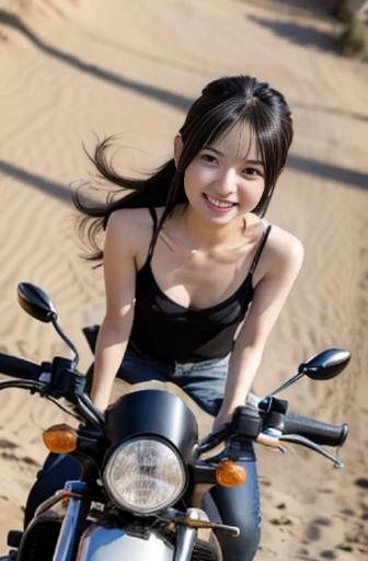 best quality, detailed, beautiful, insanely detailed, absurdres,perfect anatomy,
Japanese woman,black hair,27 years old,
(slender),
(small breasts),
smiling, riding motorcycle, (big jumping:1.2), long hair, Fun Scene, in the desert, birds-eye view