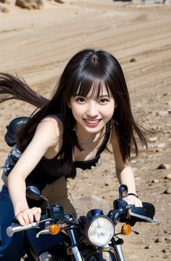 best quality, detailed, beautiful, insanely detailed, absurdres,perfect anatomy,
Japanese woman,black hair,27 years old,
(slender),
(small breasts),
smiling, riding motorcycle, (big jumping:1.2), long hair, Fun Scene, in the desert, birds-eye view