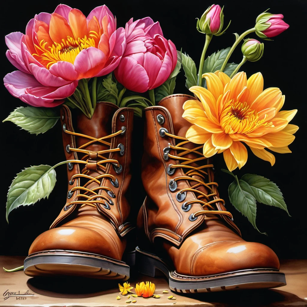 (best quality, ultra-detailed), flowers in boots, realistic illustration, watercolor, trending on ArtStation, sharp focus, studio lighting, intricate details, highly detailed, by Greg Rutkow, vibrant colors