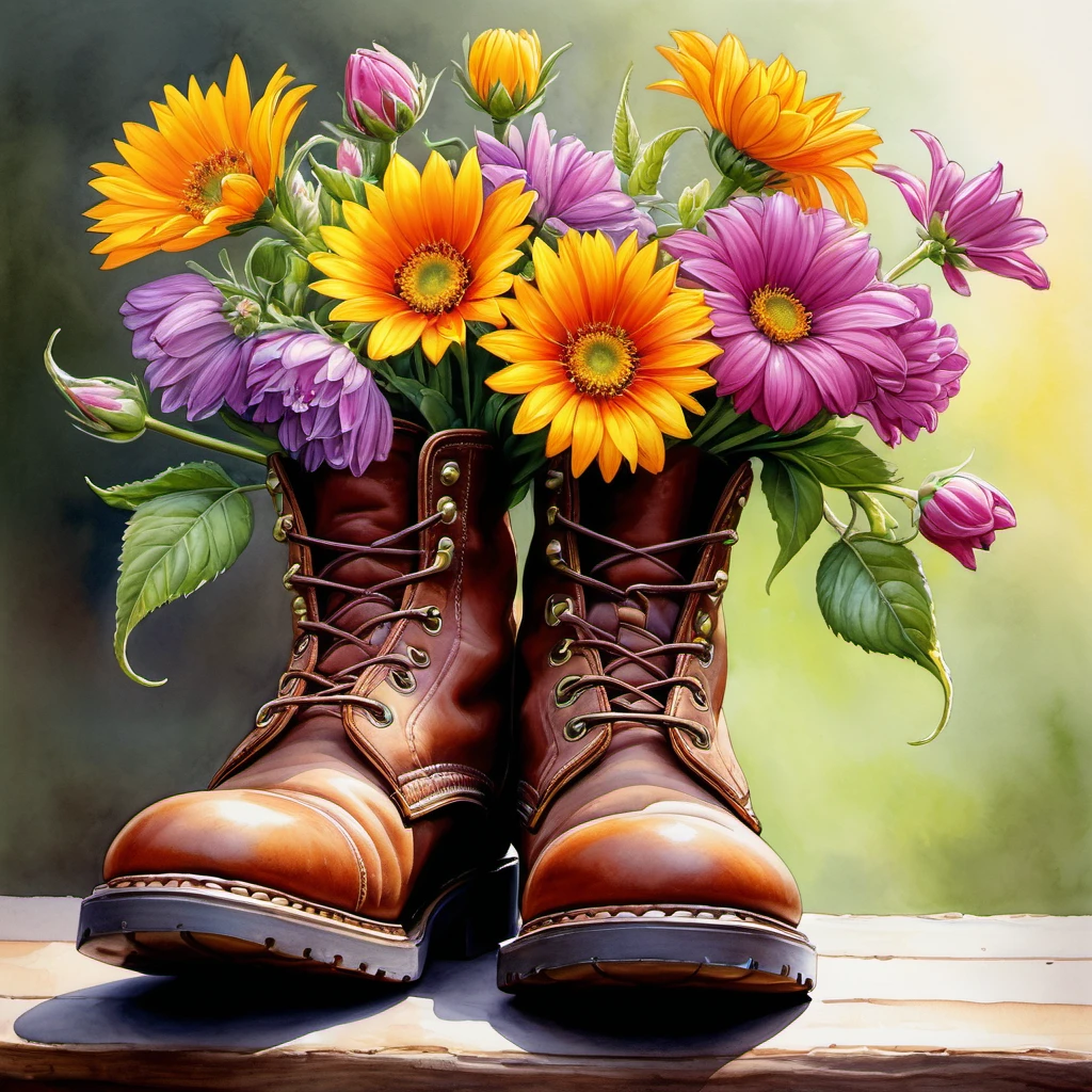 (best quality, ultra-detailed), flowers in boots, realistic illustration, watercolor, trending on ArtStation, sharp focus, studio lighting, intricate details, highly detailed, by Greg Rutkow, vibrant colors