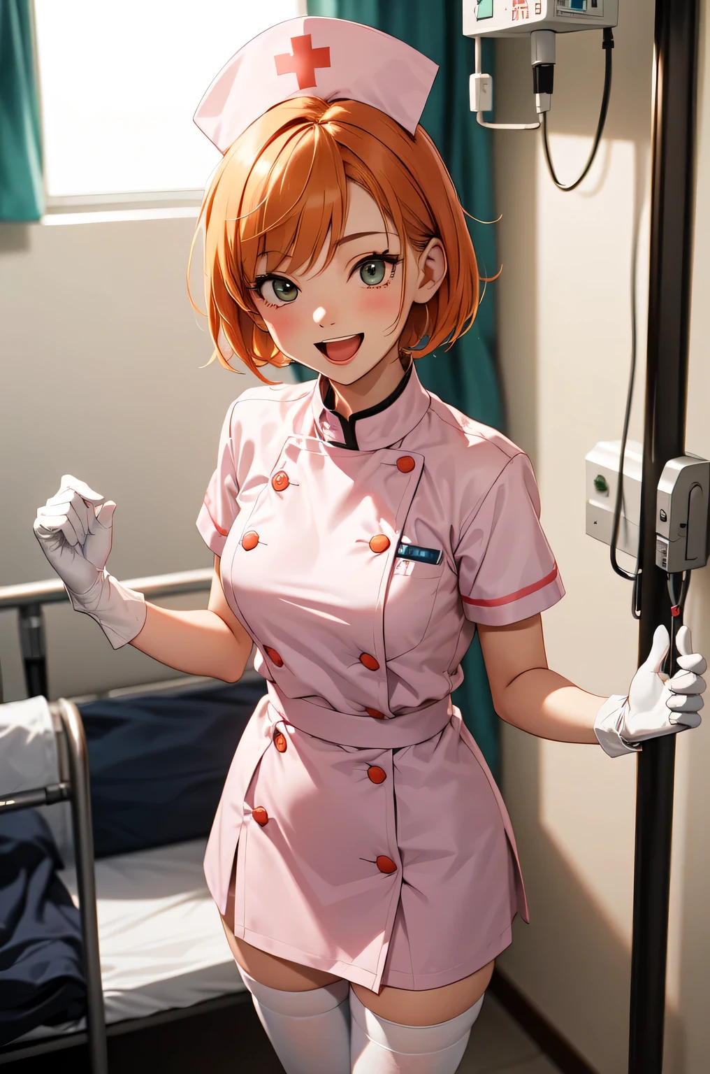 1girl, solo, nurse, nurse cap, white nurse uniform, ((white legwear, zettai ryouiki)), white gloves, very short hair, orange hair, smile, open mouth, standing, ((hospital room)), sharp outline, short sleeves, tomboy, boyish, best quality, masterpiece