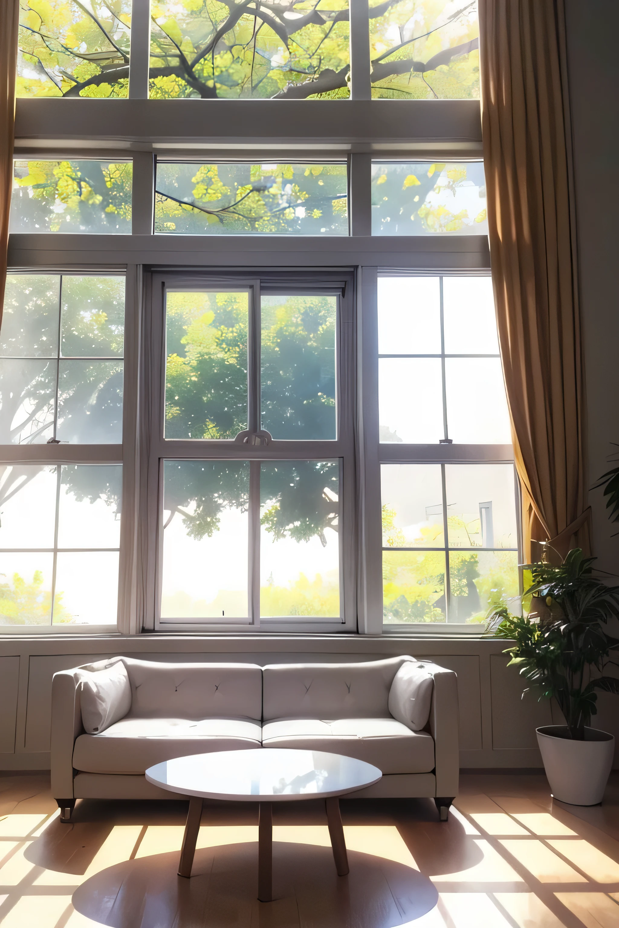 anime style illustration, White window sill, large living room, white wall, white floor, Morning light, large living room, white round table, red check sofa, Calm time, tree outside the window々, sunlight filtering through the trees