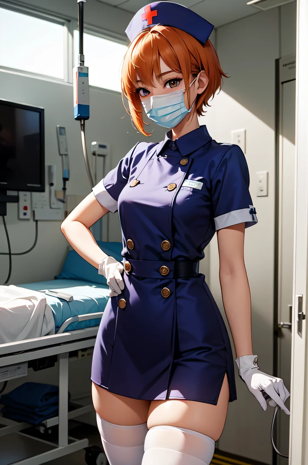 1girl, solo, nurse, nurse cap, white nurse uniform, ((white legwear, zettai ryouiki)), white gloves, very short hair, orange hair, ((white surgical mask, covered nose)), standing, ((hospital room)), sharp outline, short sleeves, tomboy, boyish, best quality, masterpiece