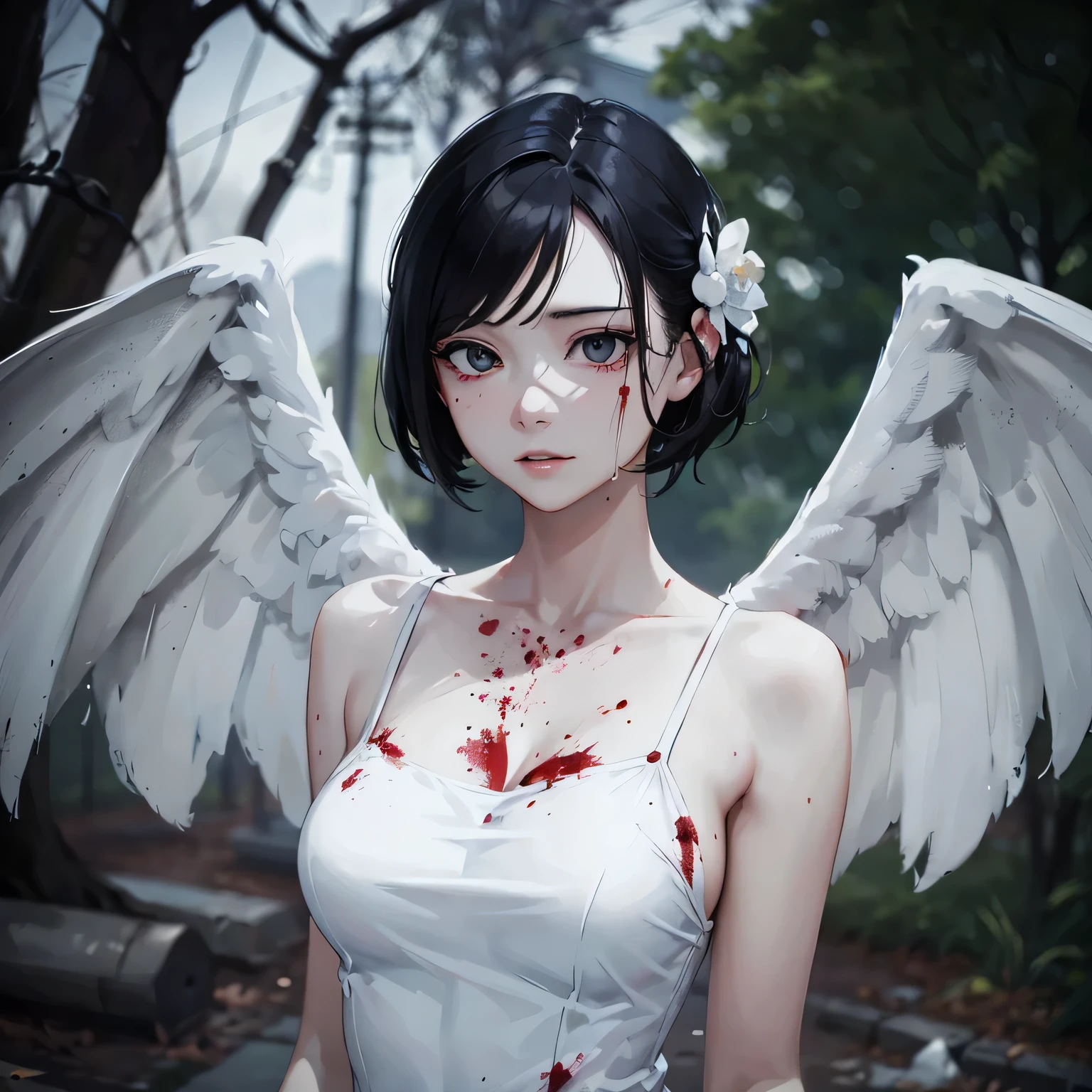 evil, woman, thin, pale, look at the camera, surreal, fully detailed,bright eyes, My white dress was torn and soaked in blood.., sensual, that'terrible, I have injured my body, slight smile, Super detailed, black short hair, Blood and wounds, dirty clothes, gray hair,Huge white wings about 5 times the size of the body、return to the sky、in the style of painting、印象派のin the style of painting、god々new background
