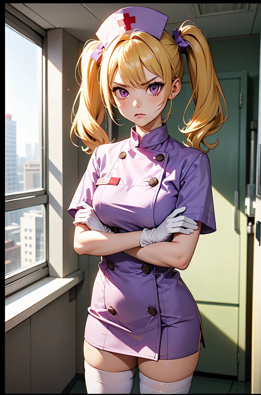 1girl, solo, nurse, nurse cap, white nurse uniform, ((white legwear, zettai ryouiki)), white gloves, twintails, yellow hair, purple eyes, angry, crossed arms, standing, ((hospital room)), sharp outline, short sleeves, best quality, masterpiece