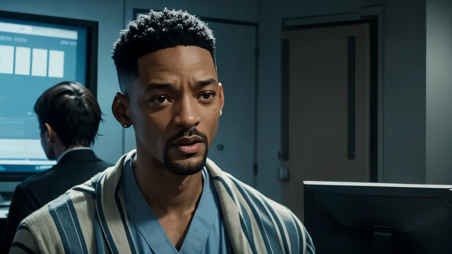 Dystopian film, the prisoner looks like Will Smith in a striped robe at a doctor's appointment,
