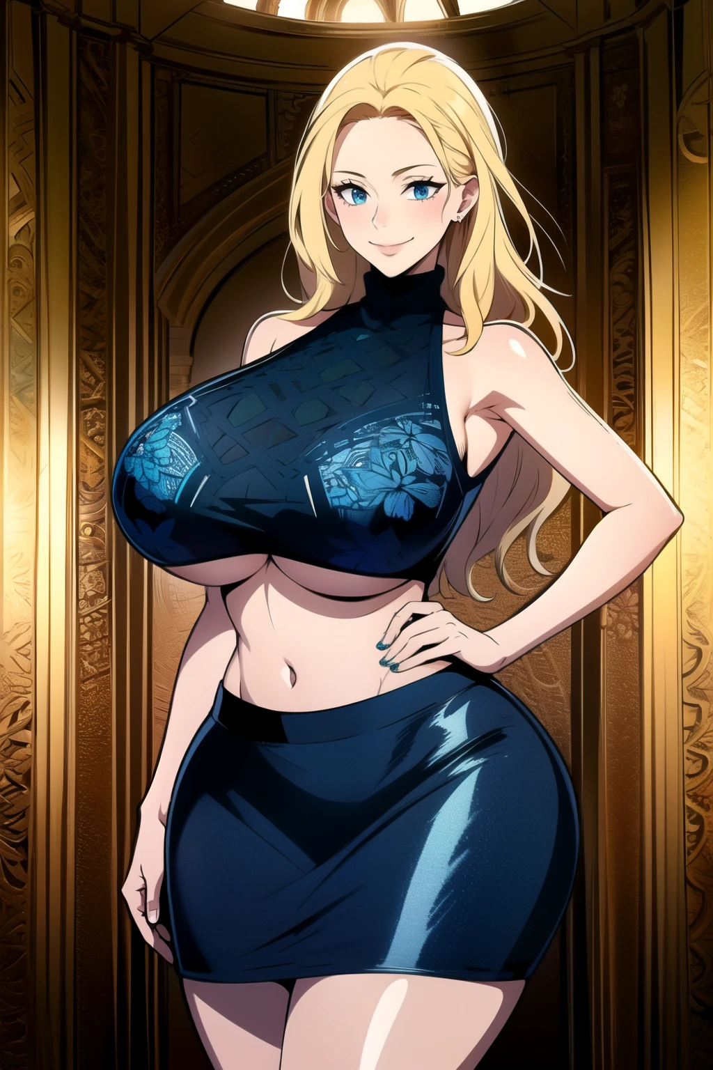 masterpiece, ((ultra detailed background, delicate pattern, intricate detail)), (highly detailed, fine details), best quality, beautiful lighting, (gigantic breasts)), NicoRobinV2, 1girl, blonde hair, long hair, solo, gigantic breasts, (smile), blue eyes, closed mouth, hair slicked back, jewelry, collarbone, (bare shoulders, black crop top, high heels, split skirt, underboob, turtleneck, skin tight, shiny clothes), (complex detailed background, inside, luxury palace), curvy, cowboy shot