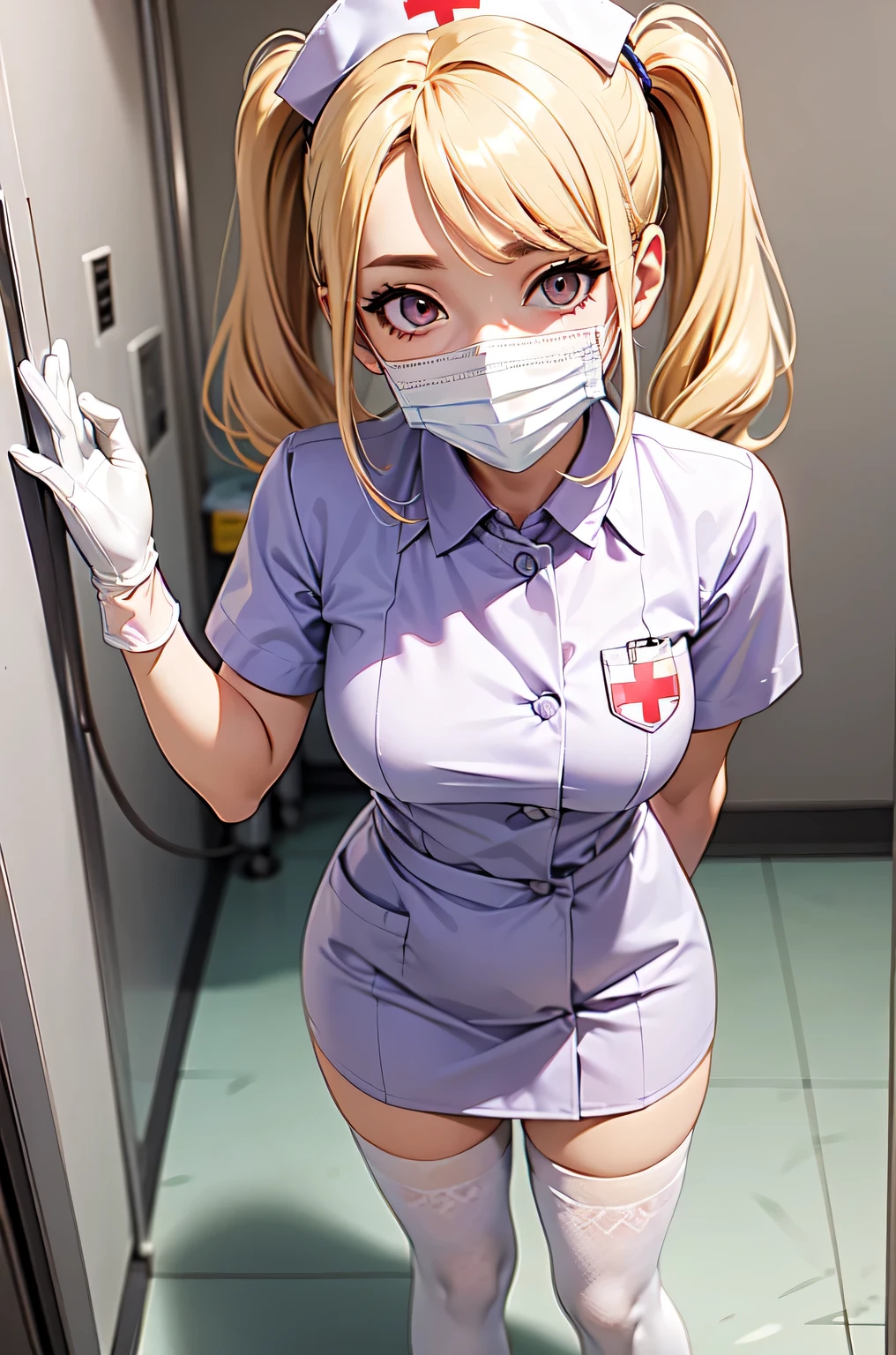 1girl, solo, nurse, nurse cap, white nurse uniform, ((white legwear, zettai ryouiki)), white gloves, twintails, yellow hair, purple eyes, ((white surgical mask, covered nose)), standing, ((hospital room)), sharp outline, short sleeves, best quality, masterpiece